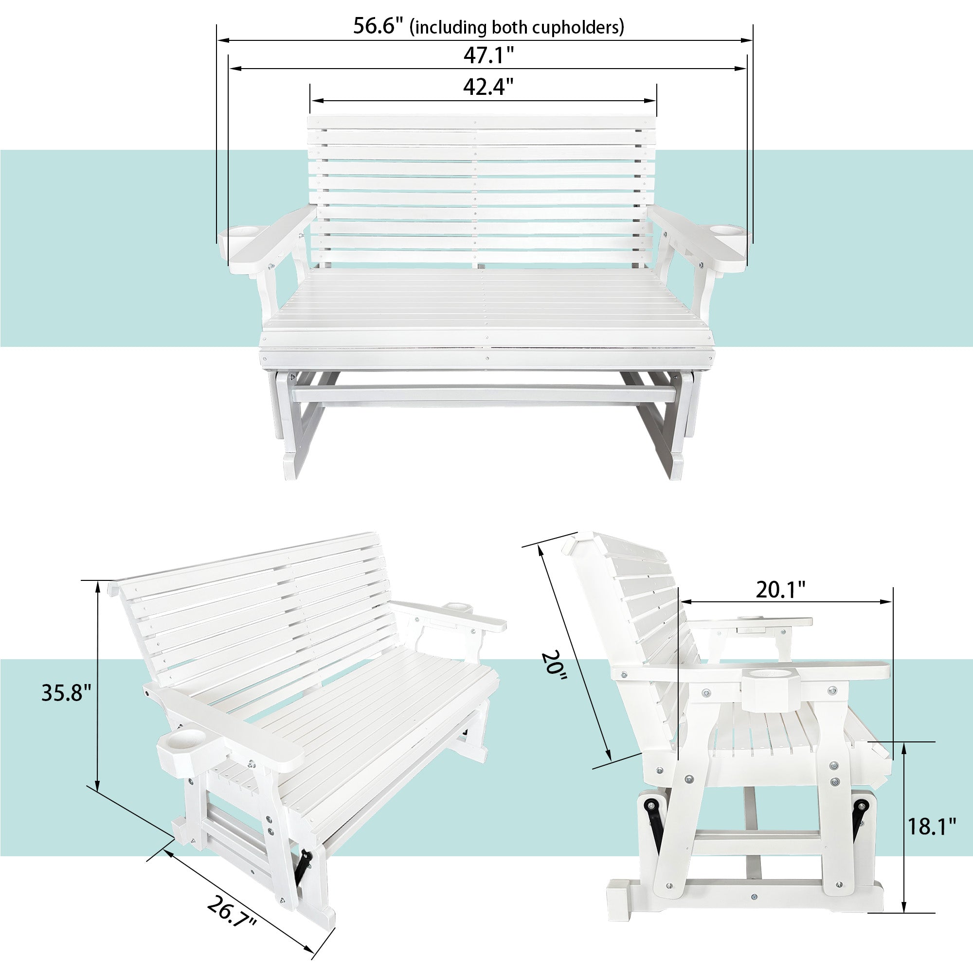Fortune Candy Patio Glider with Cup Holders, High Roll Back and Deep Contoured Seat,Heavy Duty 800 Lb (White, 2-Seater)