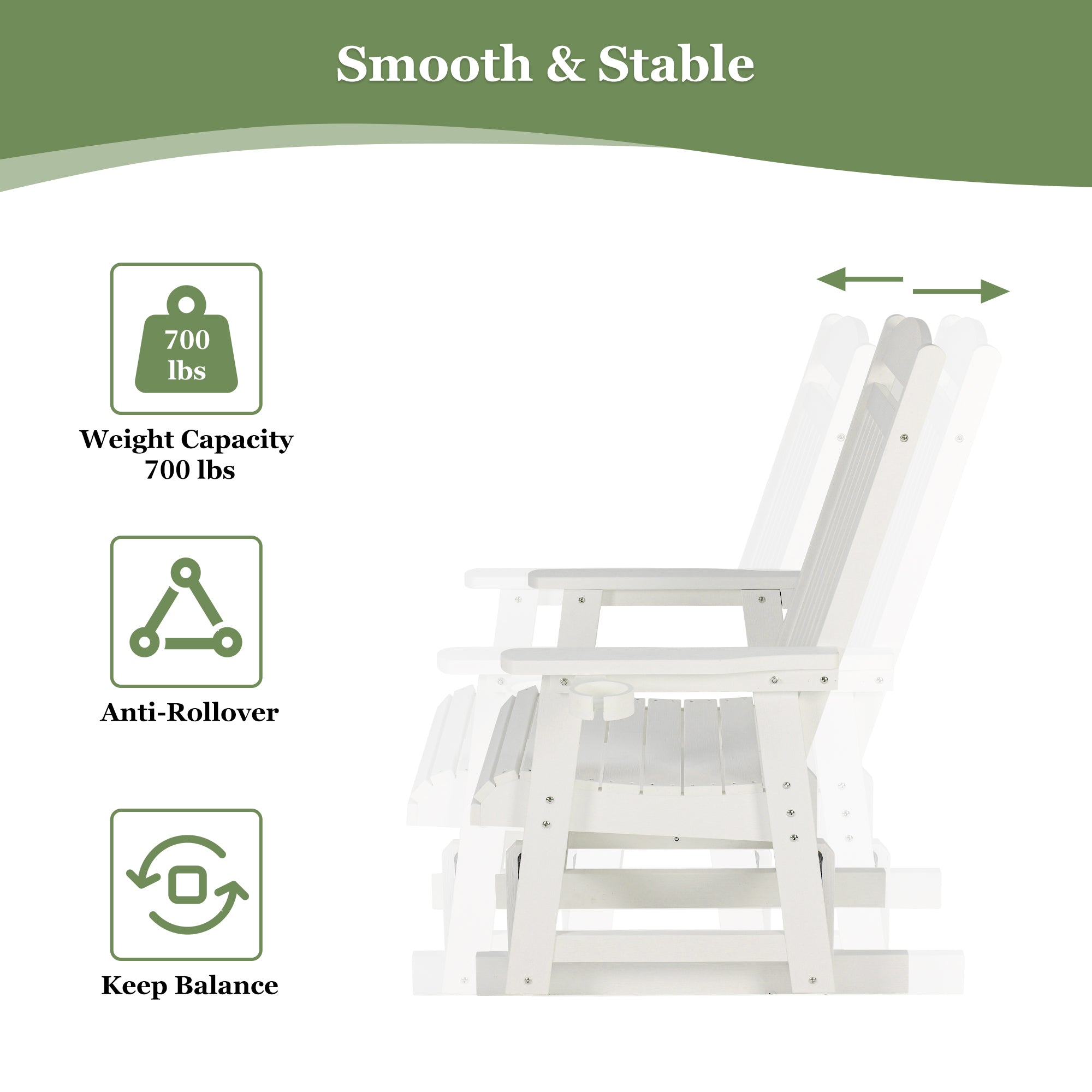 Poly Lumber Patio Glider for One Person, with Cup Holders, High Backrest and Deep Contoured Seat, HIPS Material, All-Weather Resistant, Heavy Duty 700 LBS (Ivory White)