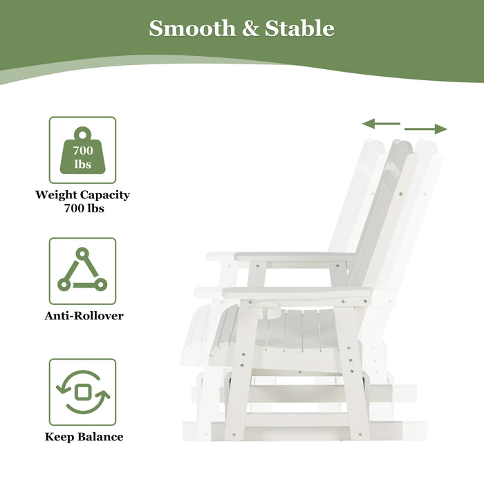 Poly Lumber Patio Glider for One Person, with Cup Holders, High Backrest and Deep Contoured Seat, HIPS Material, All-Weather Resistant, Heavy Duty 700 LBS (Ivory White)