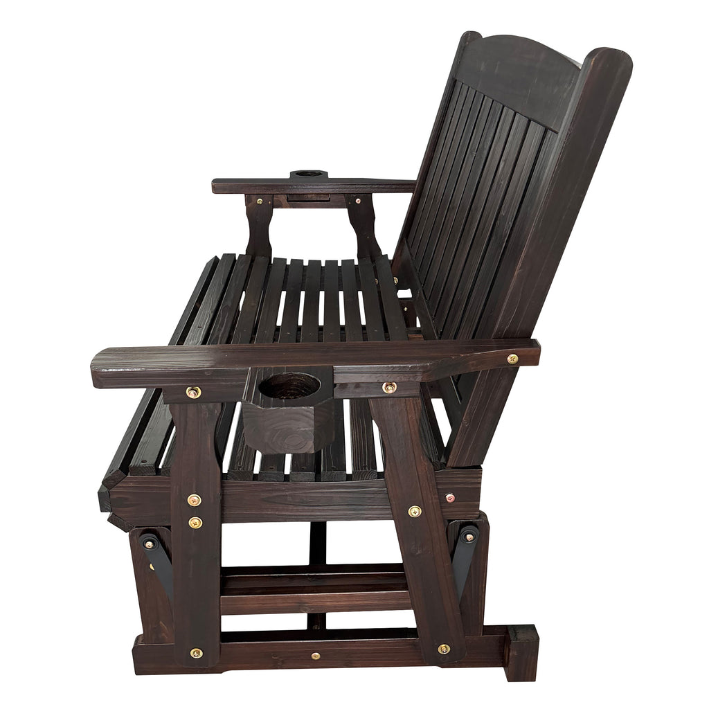 Fortune Candy Wooden Patio Glider, with Cup Holders, High Back and Deep Contoured Seat, Solid Fir Wood, Heavy Duty 800 LBS (Deep Brown, 2-Seater)