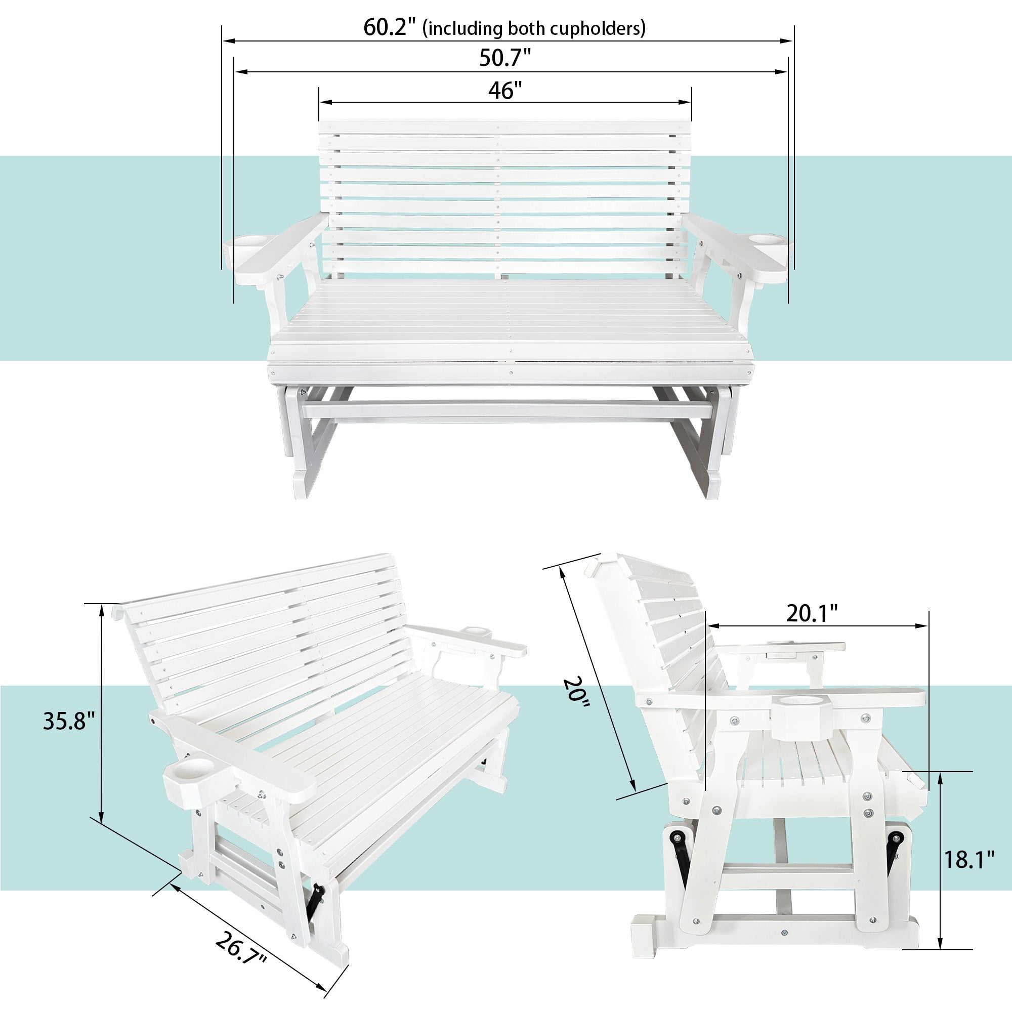 Fortune Candy Patio Glider with Cup Holders, High Roll Back and Deep Contoured Seat,Heavy Duty 800 Lb (White, 2-Seater)