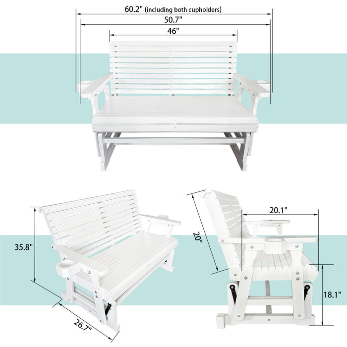 Fortune Candy Patio Glider with Cup Holders, High Roll Back and Deep Contoured Seat,Heavy Duty 800 Lb (White, 2-Seater)