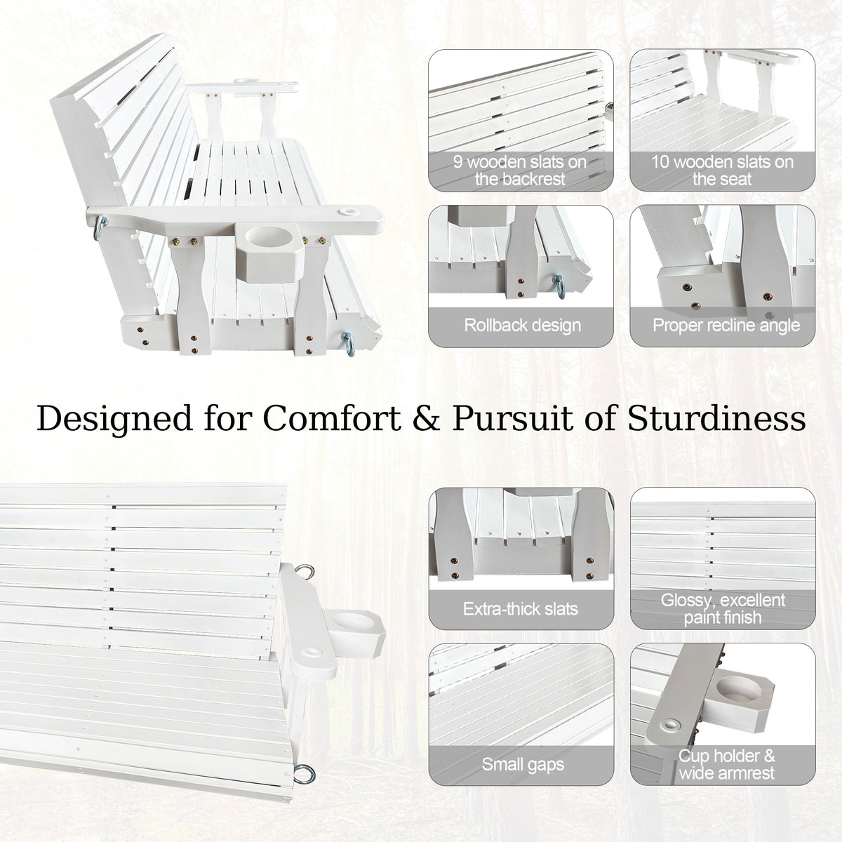 Wooden Porch Swing 3-Seater, High Backrest and Deep Seat, Bench Swing with Cupholders, Hanging Chains and 7mm Springs, Heavy Duty 880 LBS, for Outdoor Patio Garden (Pure White, 5 FT Extra Large)