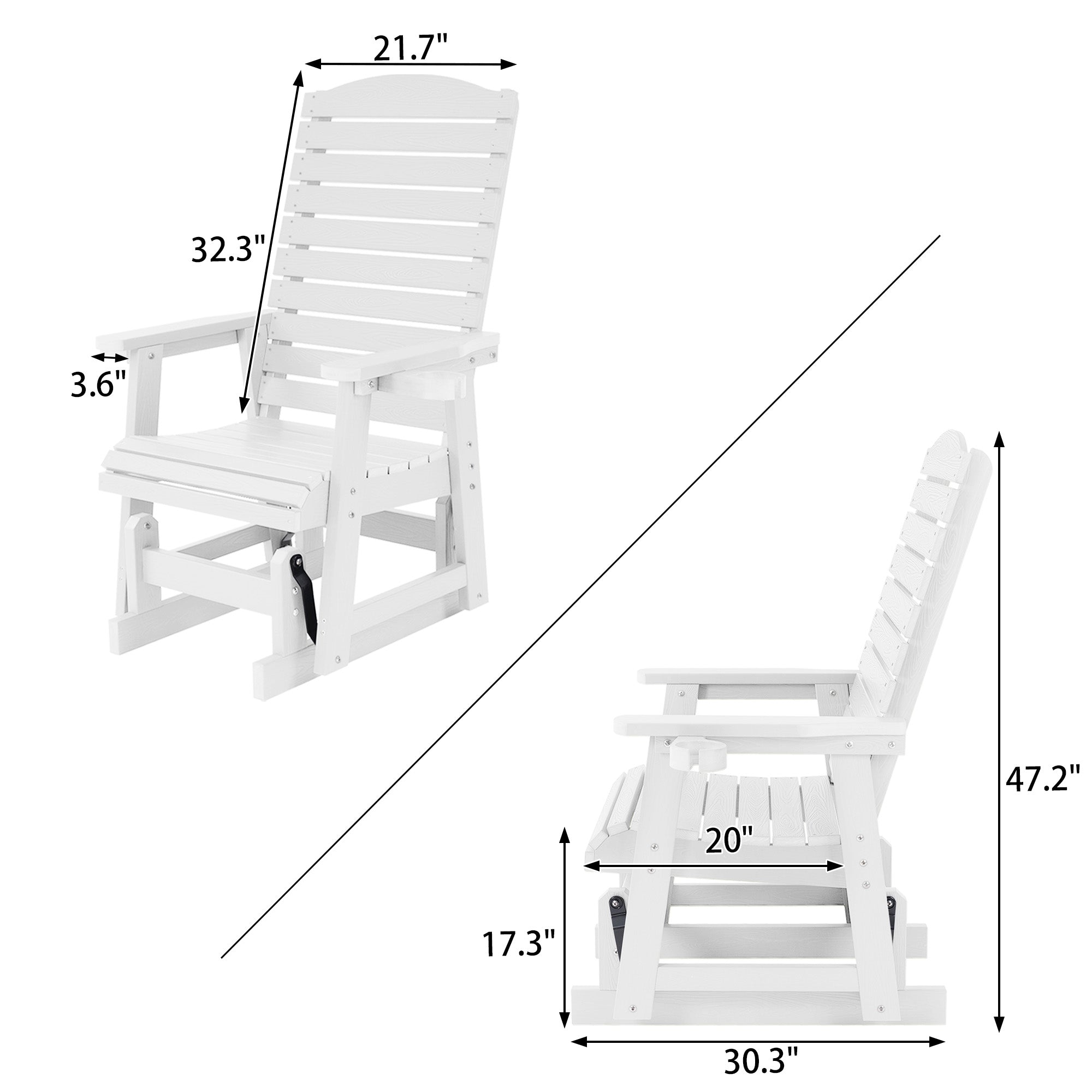 Poly Lumber Patio Glider for One Person, with Cup Holders, High Backrest and Deep Contoured Seat, HIPS Material, All-Weather Resistant, Heavy Duty 700 Pounds (White)