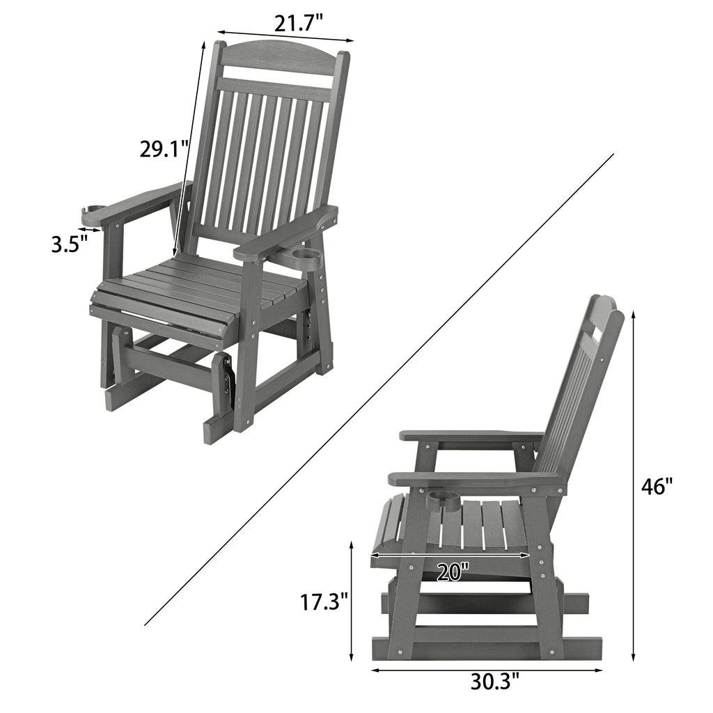Poly Lumber Patio Glider for One Person, with Cup Holders, High Backrest and Deep Contoured Seat, HIPS Material, All-Weather Resistant, Heavy Duty 700 LBS  (Gray)