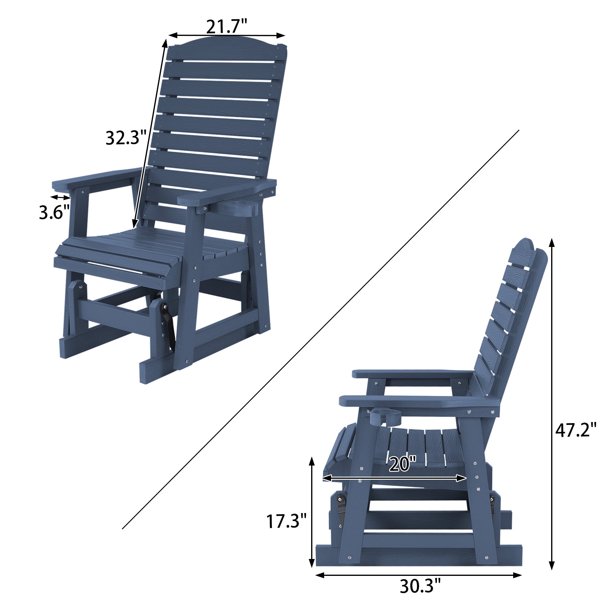 Poly Lumber Patio Glider for One Person, with Cup Holders, High Backrest and Deep Contoured Seat, HIPS Material, All-Weather Resistant, Heavy Duty 700 Pounds (Navy Blue)
