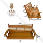 Wooden Porch Swing, Ergonomic Seat, Bench Swing with Hanging Chains and 7mm Springs, Heavy Duty 800 LBS, for Outdoor Patio Garden Yard (Warm Teak Color, 3-Seater Extra Large)