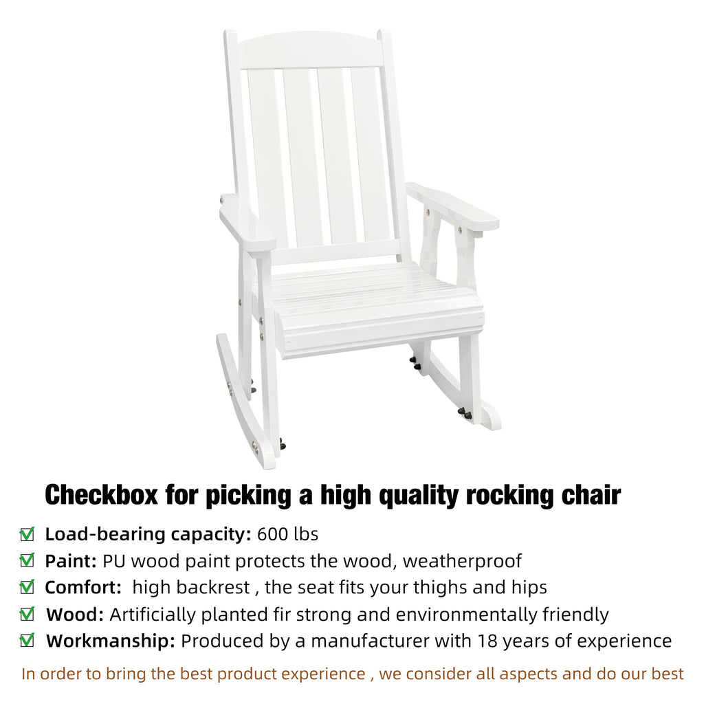 Fortune Candy Wooden Rocking Chair with Comfortable Backrest Inclination, High Backrest and Deep Contoured Seat, Solid Fir Wood, Heavy Duty 600 LBS, for Backyard, Porch and Patio (PU White)