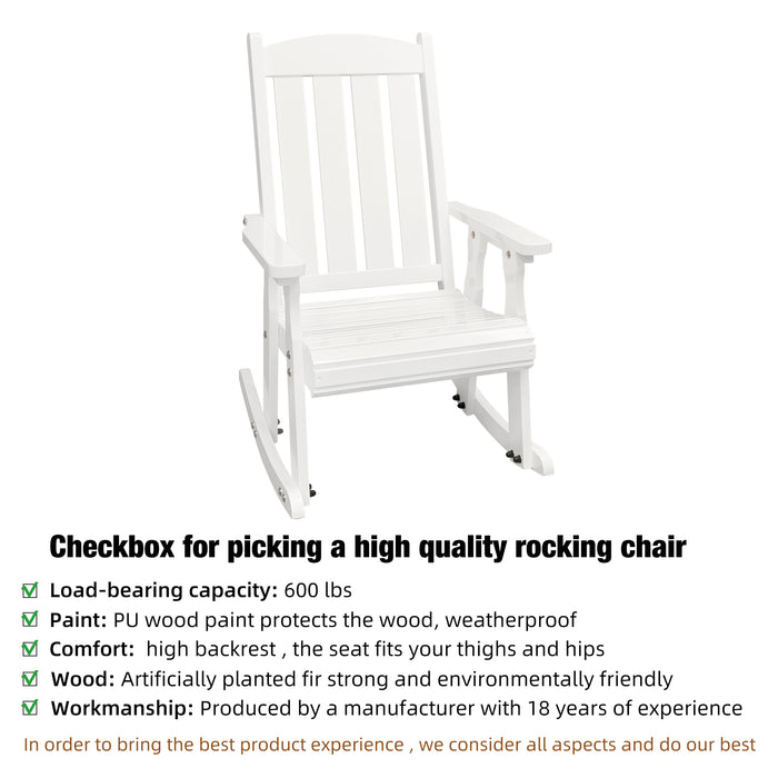 Fortune Candy Wooden Rocking Chair with Comfortable Backrest Inclination, High Backrest and Deep Contoured Seat, Solid Fir Wood, Heavy Duty 600 LBS, for Backyard, Porch and Patio (PU White)
