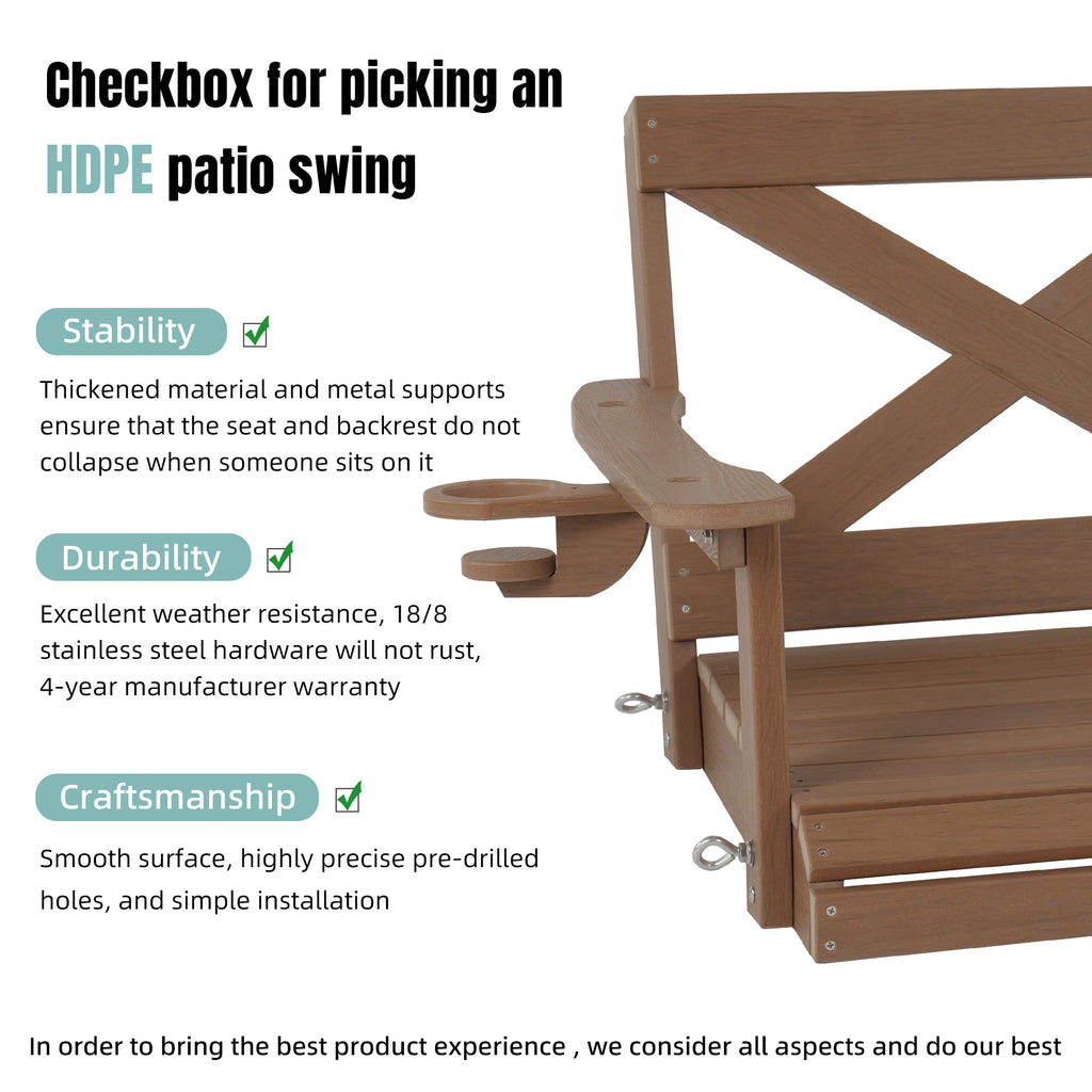 Fortune Candy HDPE Porch Swing with Cross Back, Weather-Resistant, for Outdoor, Patio, Porch, Yard