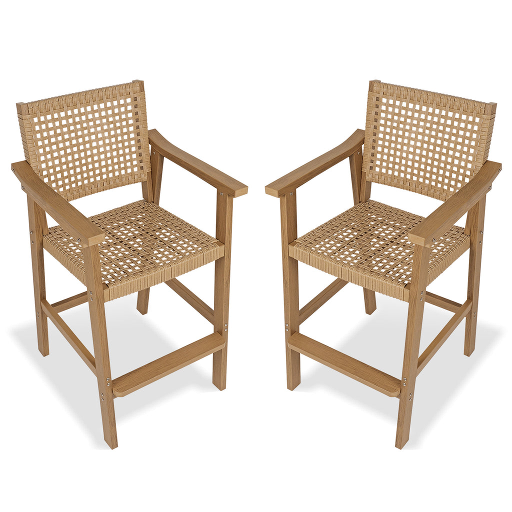 Poly Lumber Patio Bar Stools, PE Rattan Outdoor Bar Chairs, Weather Resistant, for Poolside, Garden, Yard, Balcony (Teak Tone, 2 Piece)