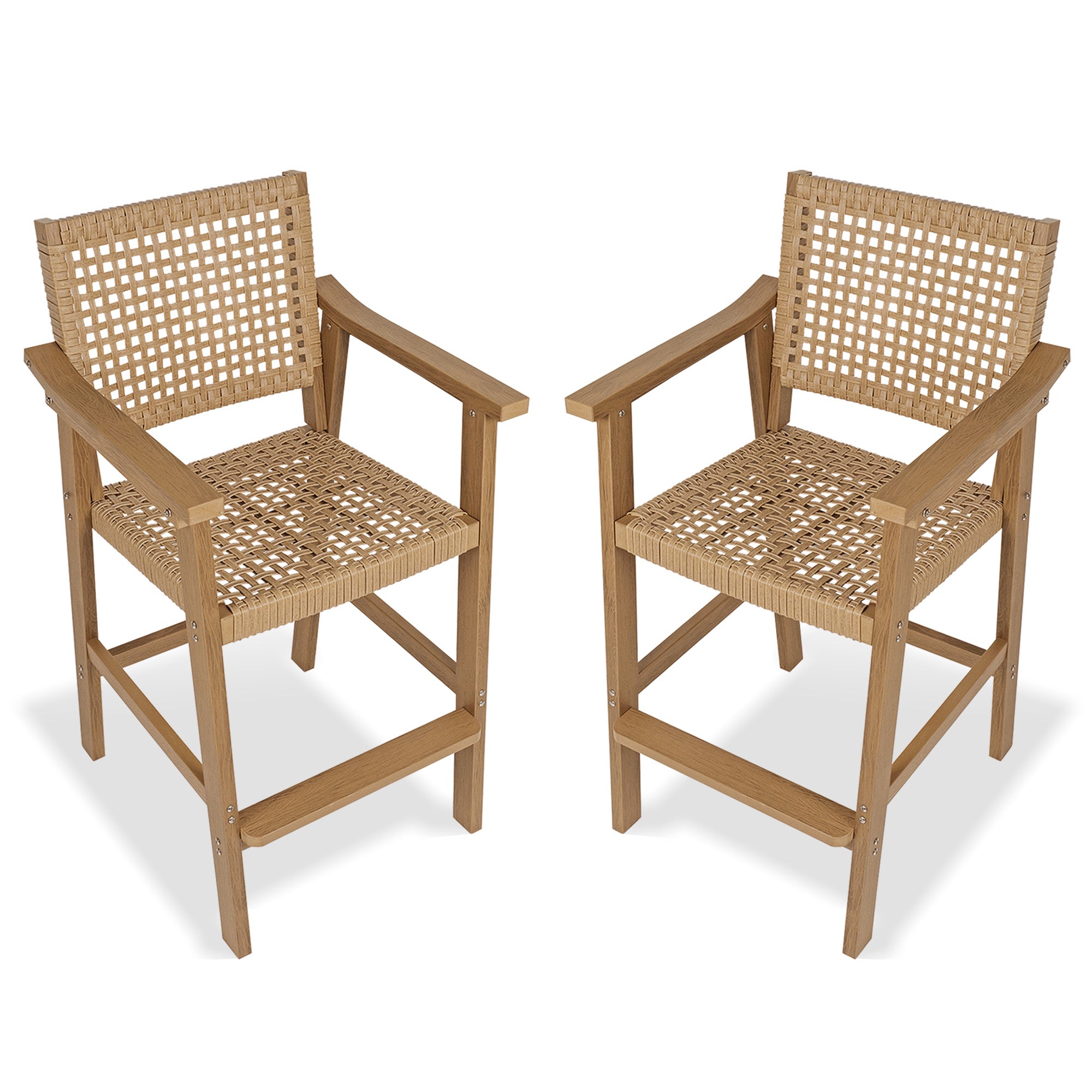 Poly Lumber Patio Bar Stools, PE Rattan Outdoor Bar Chairs, Weather Resistant, for Poolside, Garden, Yard, Balcony (Teak Tone, 2 Piece)