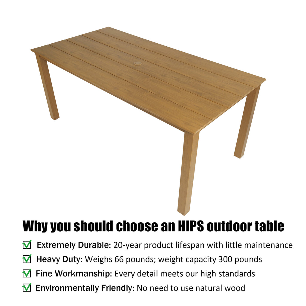 70.9-Inches Poly Lumber Outdoor Dining Table, HIPS Patio Dining Table with Umbrella Hole, Weather Resistant (Teak Tone, 1 Piece)