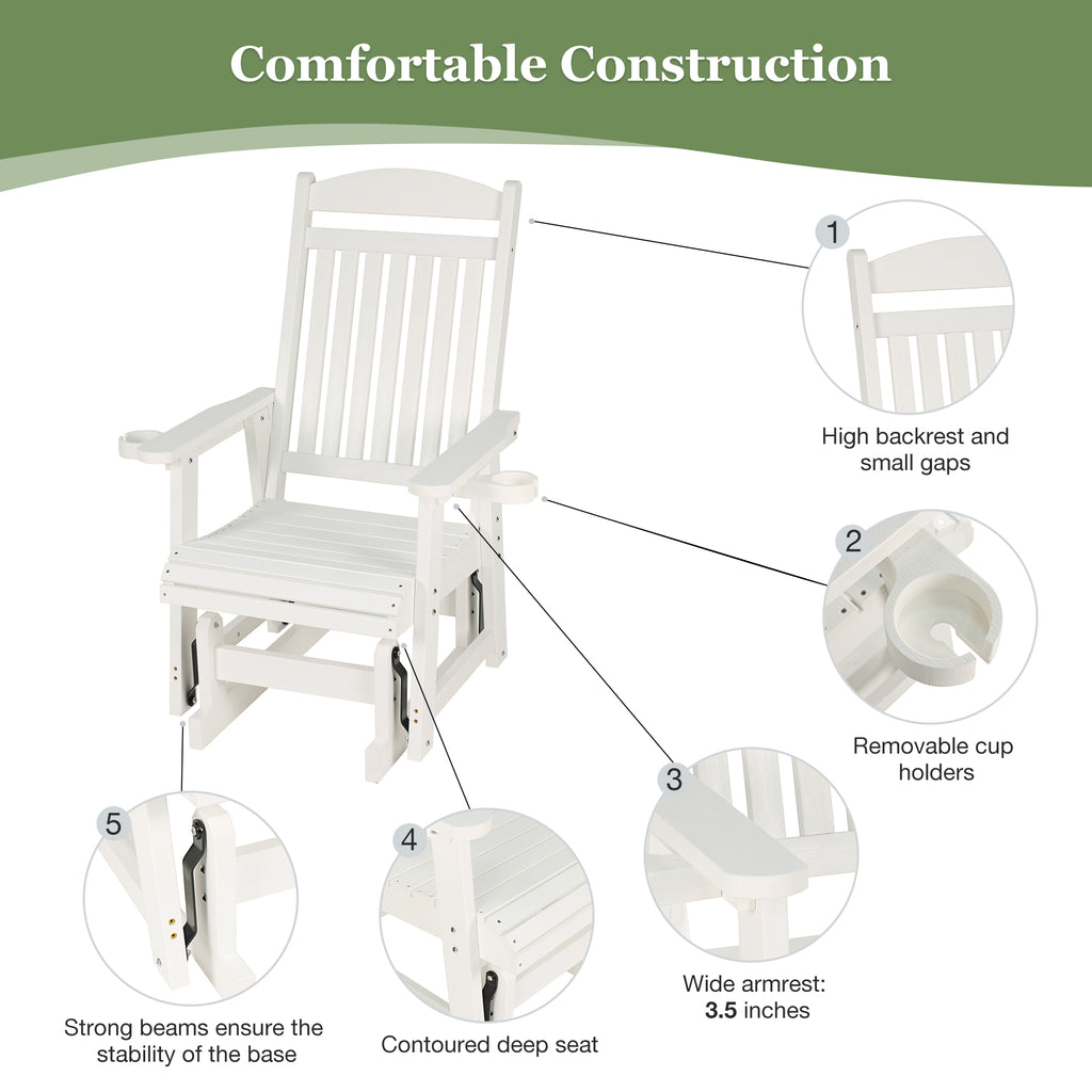 Poly Lumber Patio Glider for One Person, with Cup Holders, High Backrest and Deep Contoured Seat, HIPS Material, All-Weather Resistant, Heavy Duty 700 LBS (Ivory White)