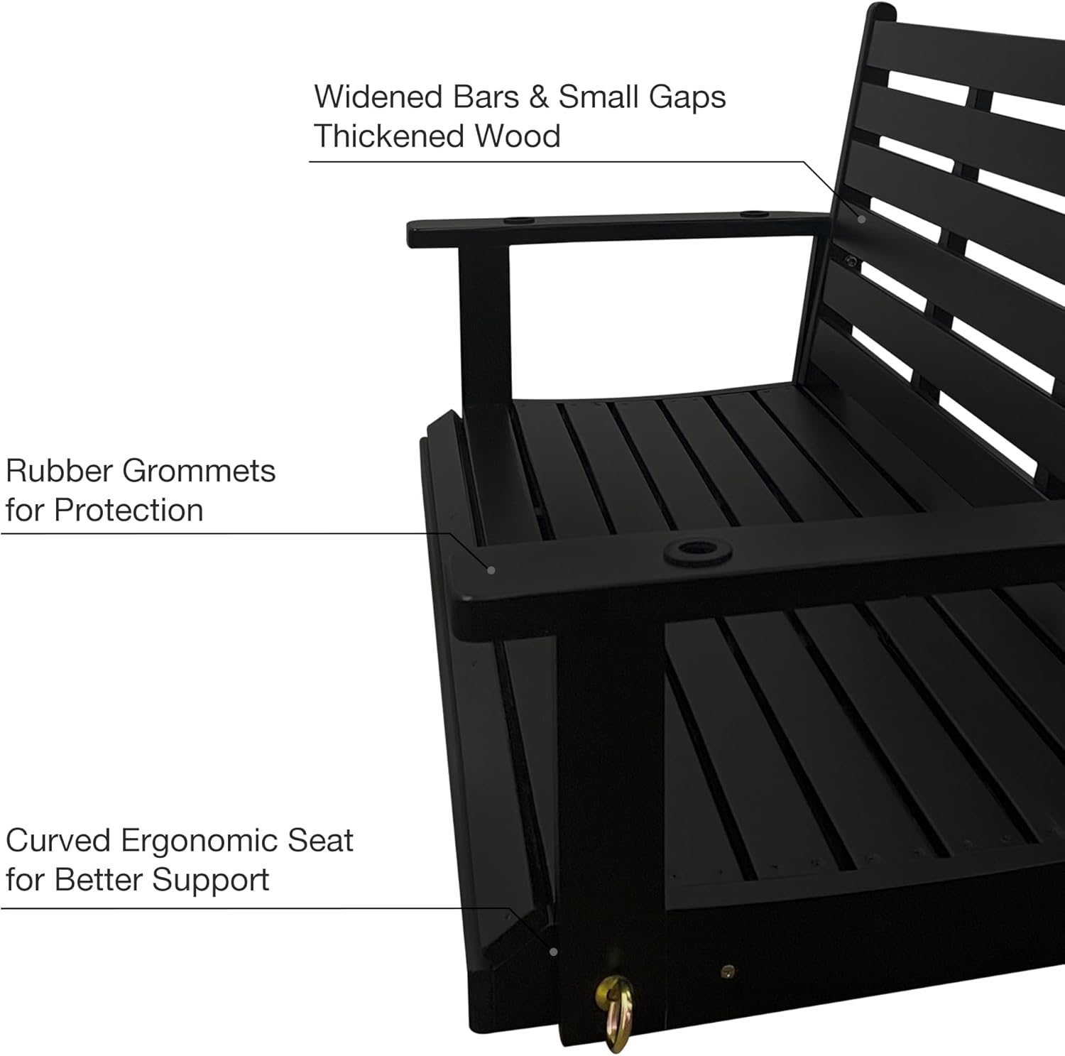 Wooden Porch Swing, Ergonomic Seat, Bench Swing with Hanging Chains and 7mm Springs, Heavy Duty 800 LBS, for Outdoor Patio Garden Yard (Black, 2-Seater Extra Large)