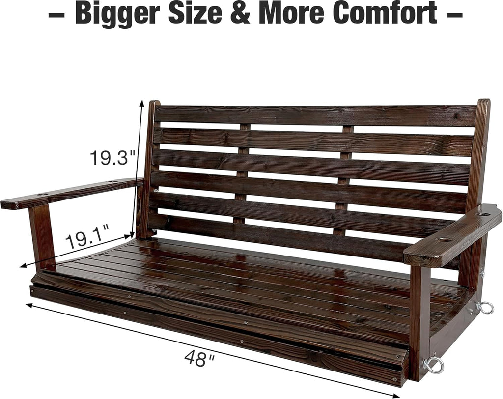 Wooden Porch Swing, Ergonomic Seat, Bench Swing with Hanging Chains and 7mm Springs, Heavy Duty 800 LBS, for Outdoor Patio Garden Yard (Deep Brown, 2-Seater Extra Large)