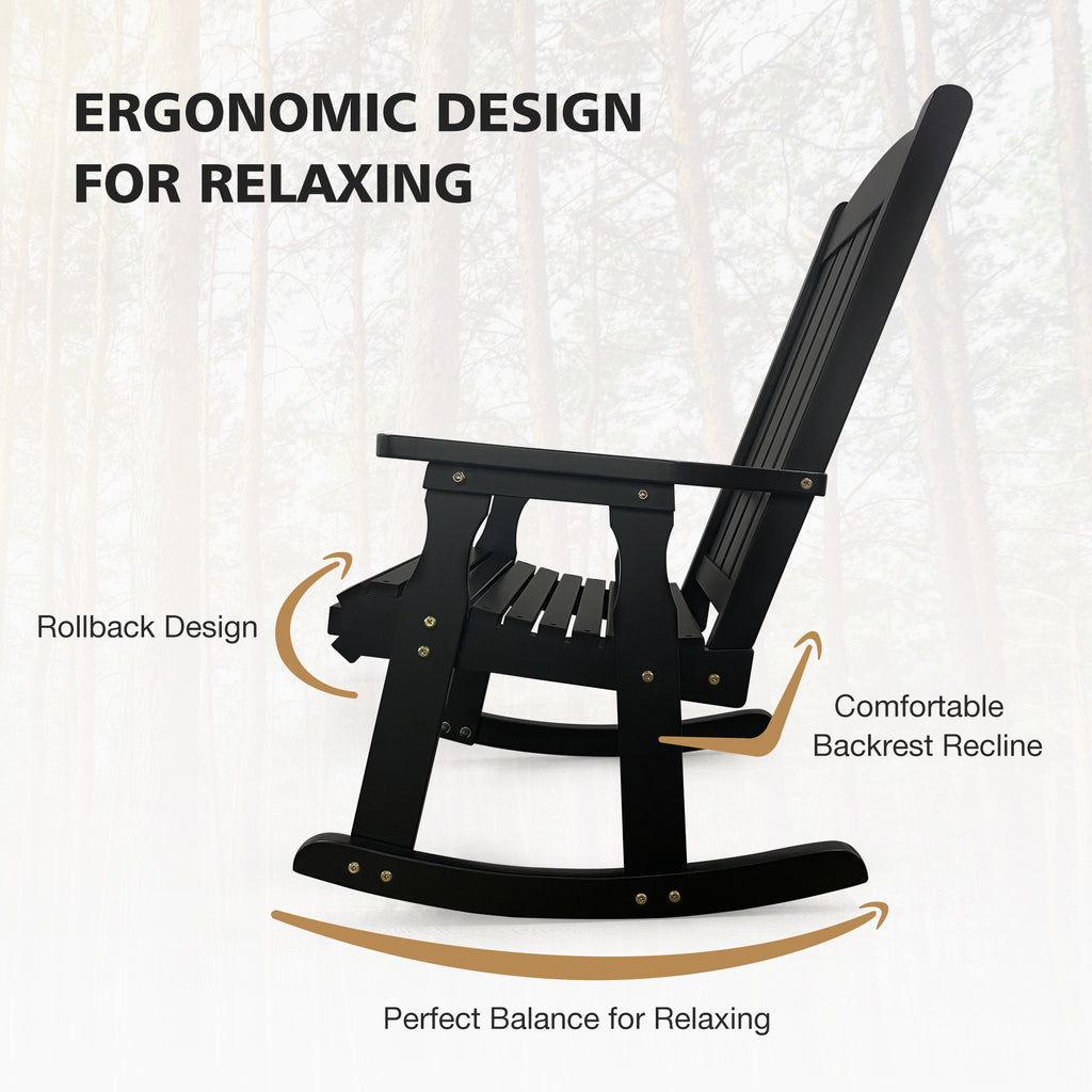 Wooden Rocking Chair with Comfortable Backrest Inclination, High Backrest and Deep Contoured Seat, Solid Fir Wood, Heavy Duty 600 LBS, for Backyard, Porch and Patio (Black PU)