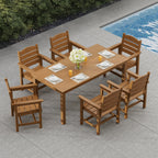 Modern HDPE Patio Dining Set, Poly Lumber Table and Chair, with Umbrella Hole, Weather Resistant, for Outdoor, Yard, Lawn (7 Piece, Teak Tone)