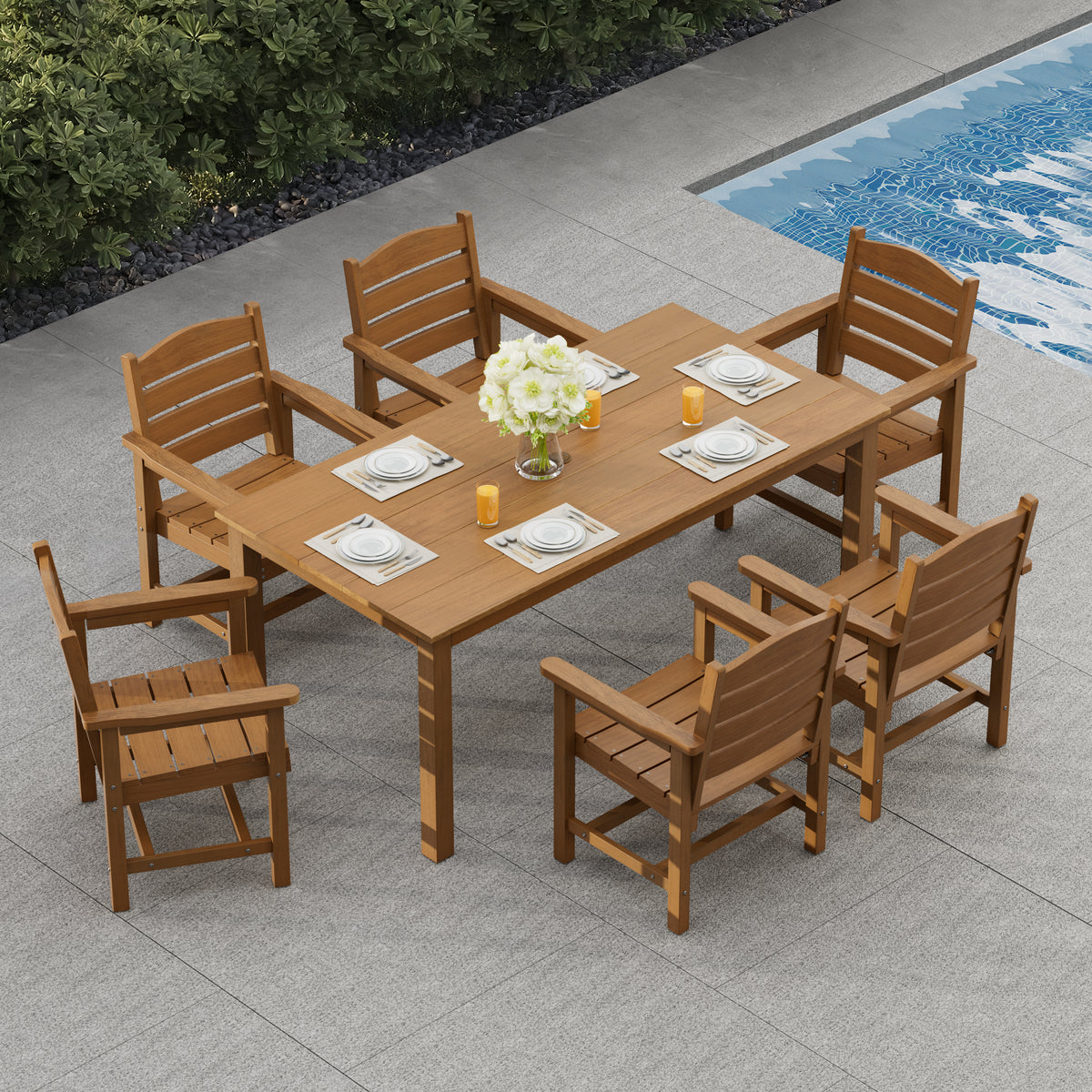 Modern HDPE Patio Dining Set, Poly Lumber Table and Chair, with Umbrella Hole, Weather Resistant, for Outdoor, Yard, Lawn (7 Piece, Teak Tone)