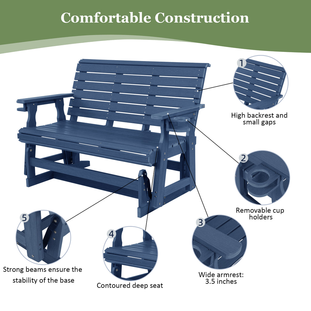 HDPE Patio Glider, Poly Lumber Weather-Resistant Outdoor Glider Bench, for Patio, Porch, Yard,  (Navy Blue, 2-Seater)