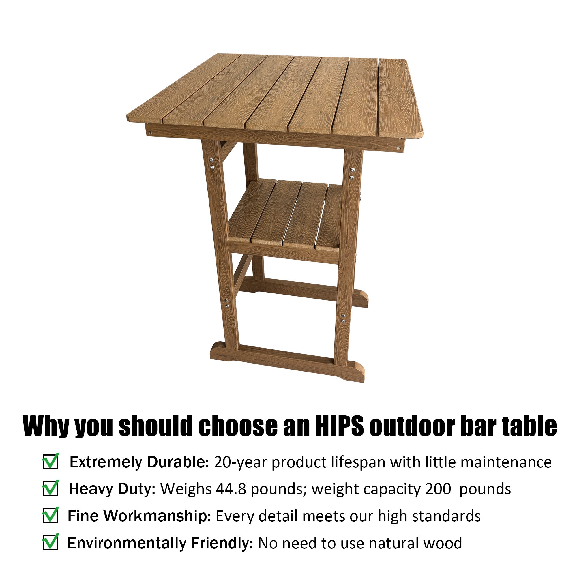 Poly Lumber Patio Bar Table, HIPS, Weather Resistant, for Outdoor, Poolside, Garden, Yard, Balcony (1 Piece, Teak Tone)