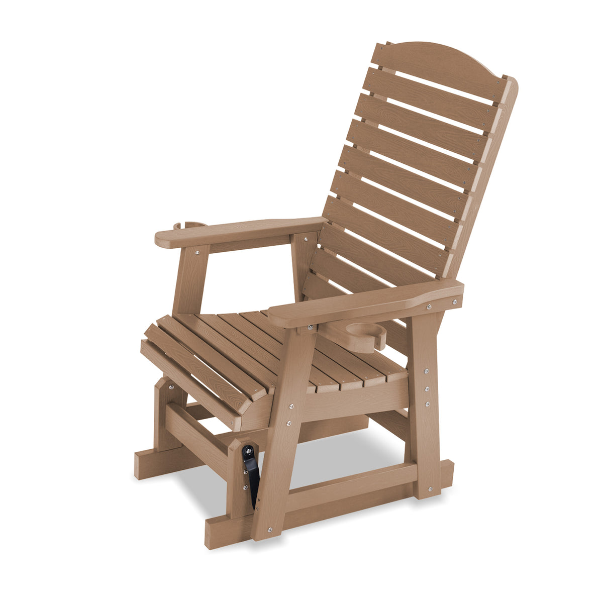 Poly Lumber Patio Glider for One Person, with Cup Holders, High Backrest and Deep Contoured Seat, HIPS Material, All-Weather Resistant, Heavy Duty 700 Pounds (Brown)