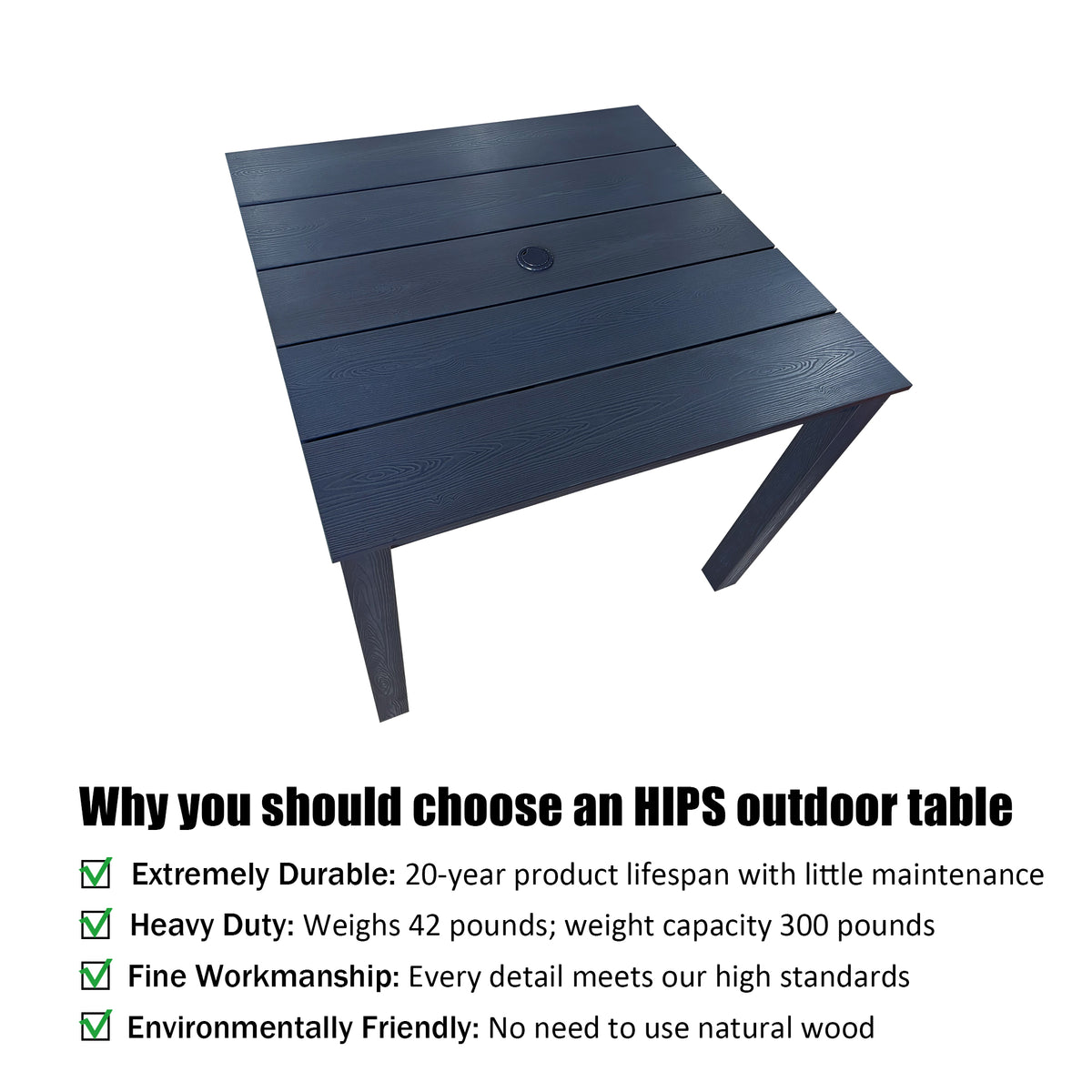 Modern HDPE Patio Dining Set, Poly Lumber Table and Chair, with Umbrella Hole, Weather Resistant, for Outdoor, Yard, Lawn (Navy Blue, 5 Piece - 36.2'' Table)