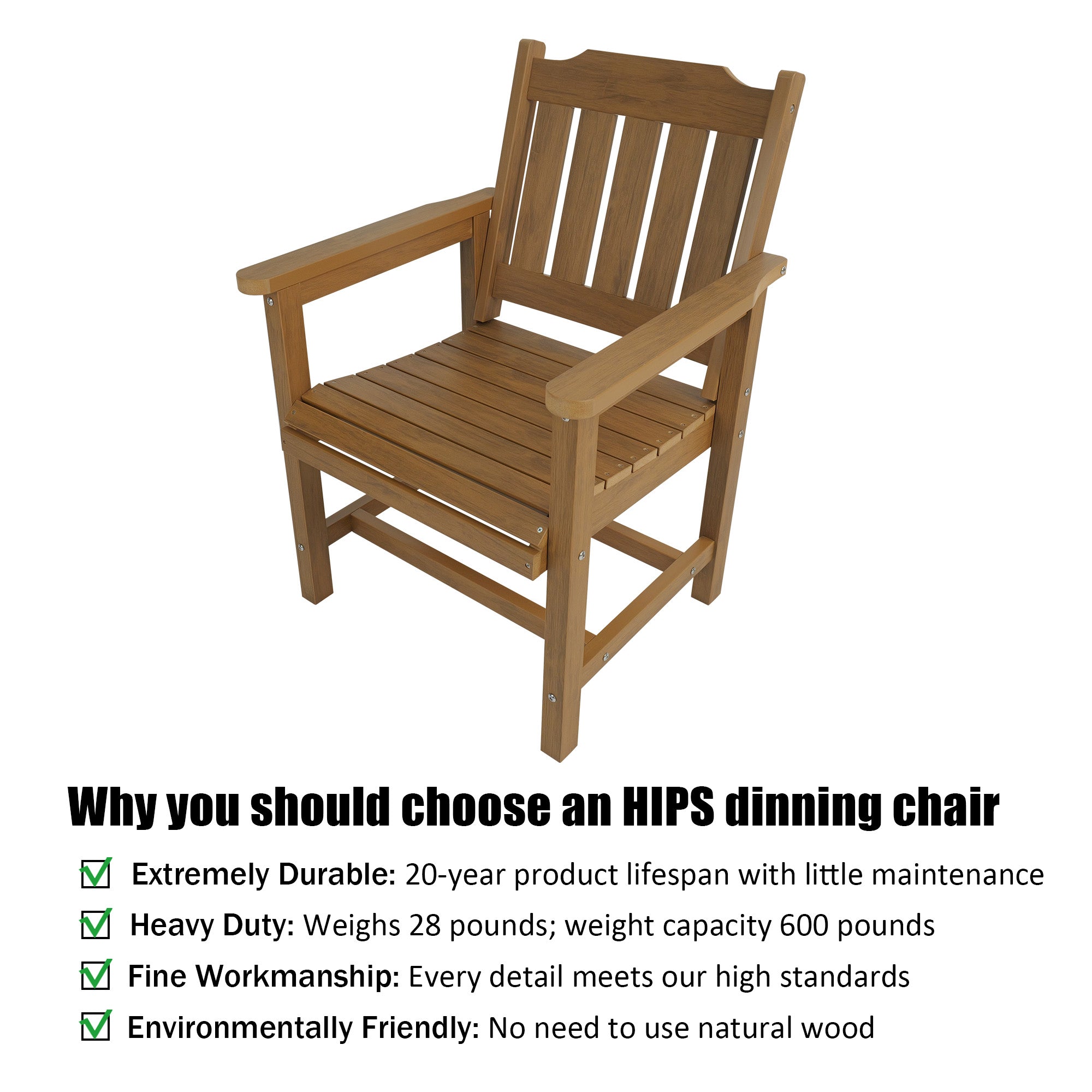 Poly Lumber Patio Dining Chair Set of Two, HIPS Outdoor Dining Chairs, Weather Resistant, Slat Back (2 Piece, Teak Tone)