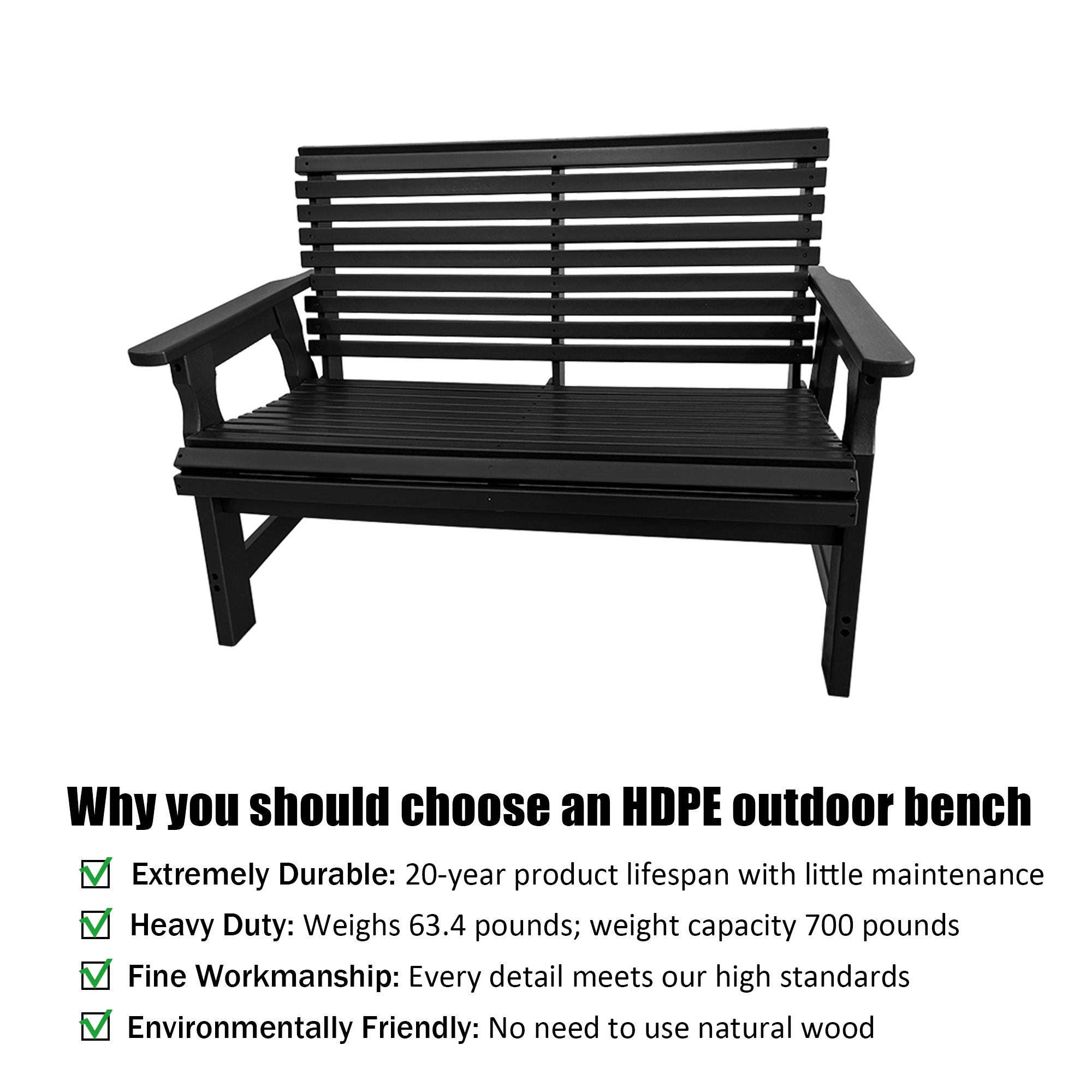 Poly Lumber Outdoor Bench, HDPE All-Weather Bench, Never Rots or Fades, for Patio, Porch, Garden and Park, 700 lbs Weight Capacity (2-Seater, Black)