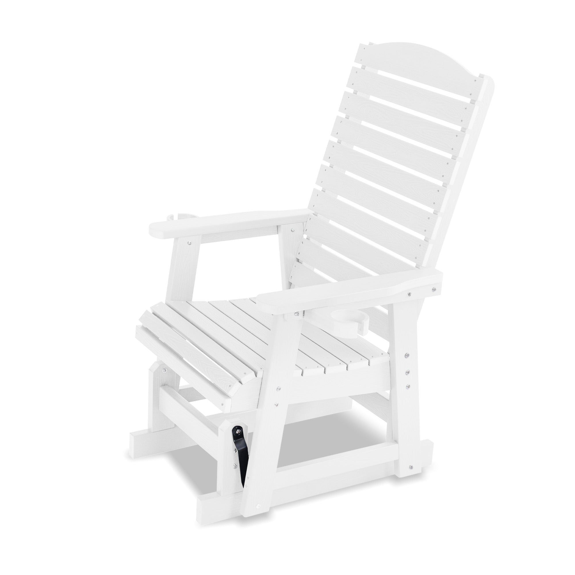 Poly Lumber Patio Glider for One Person, with Cup Holders, High Backrest and Deep Contoured Seat, HIPS Material, All-Weather Resistant, Heavy Duty 700 Pounds (White)