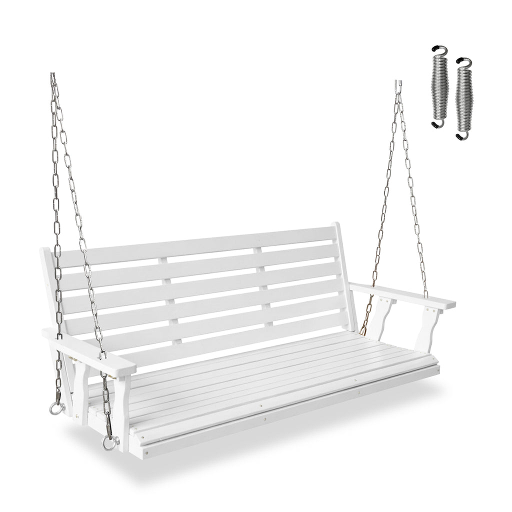 Wooden Porch Swing, Ergonomic Seat, Bench Swing with Hanging Chains and 7mm Springs, Heavy Duty 800 LBS, for Outdoor Patio Garden Yard (White, 3-Seater Extra Large)