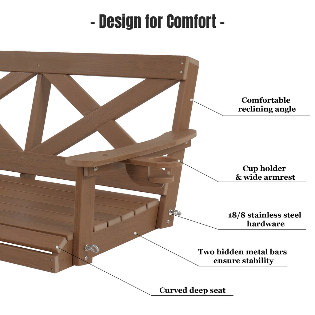 Fortune Candy HDPE Porch Swing with Cross Back, Weather-Resistant, for Outdoor, Patio, Porch, Yard
