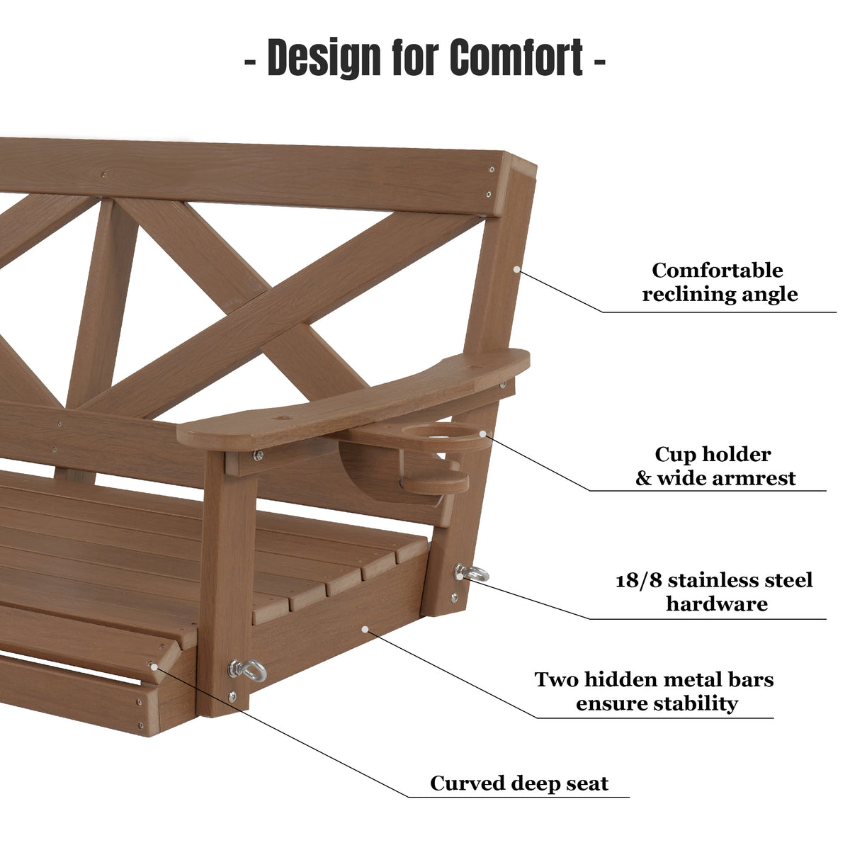 Fortune Candy HDPE Porch Swing with Cross Back, Weather-Resistant, for Outdoor, Patio, Porch, Yard