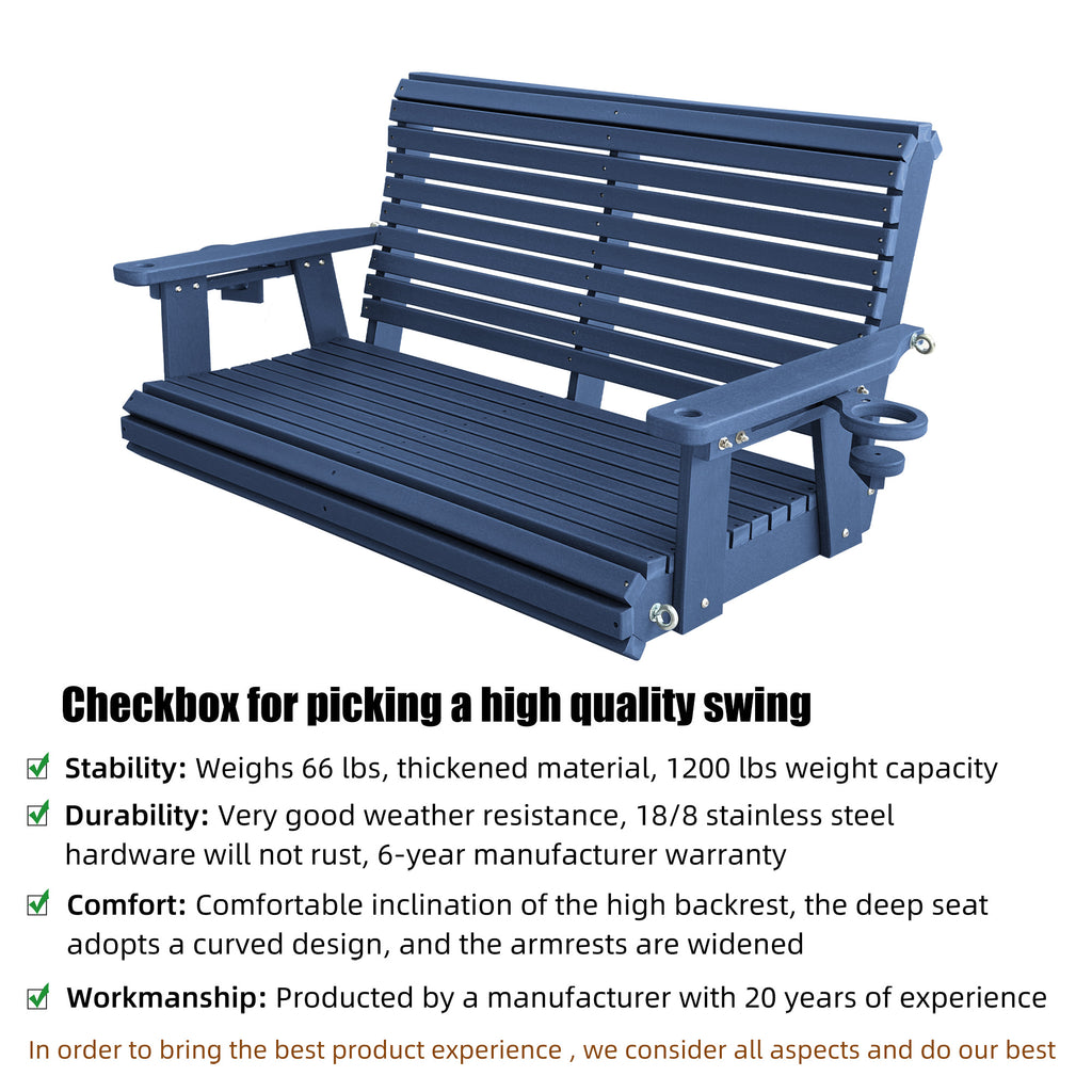 HDPE Porch Swing with 18/8 Stainless Steel Bolts, Ergonomic Design, Ultra Weather-Resistant, Heavy Duty 1200 LBS, for Outdoor Patio Garden Yard（Navy Blue）