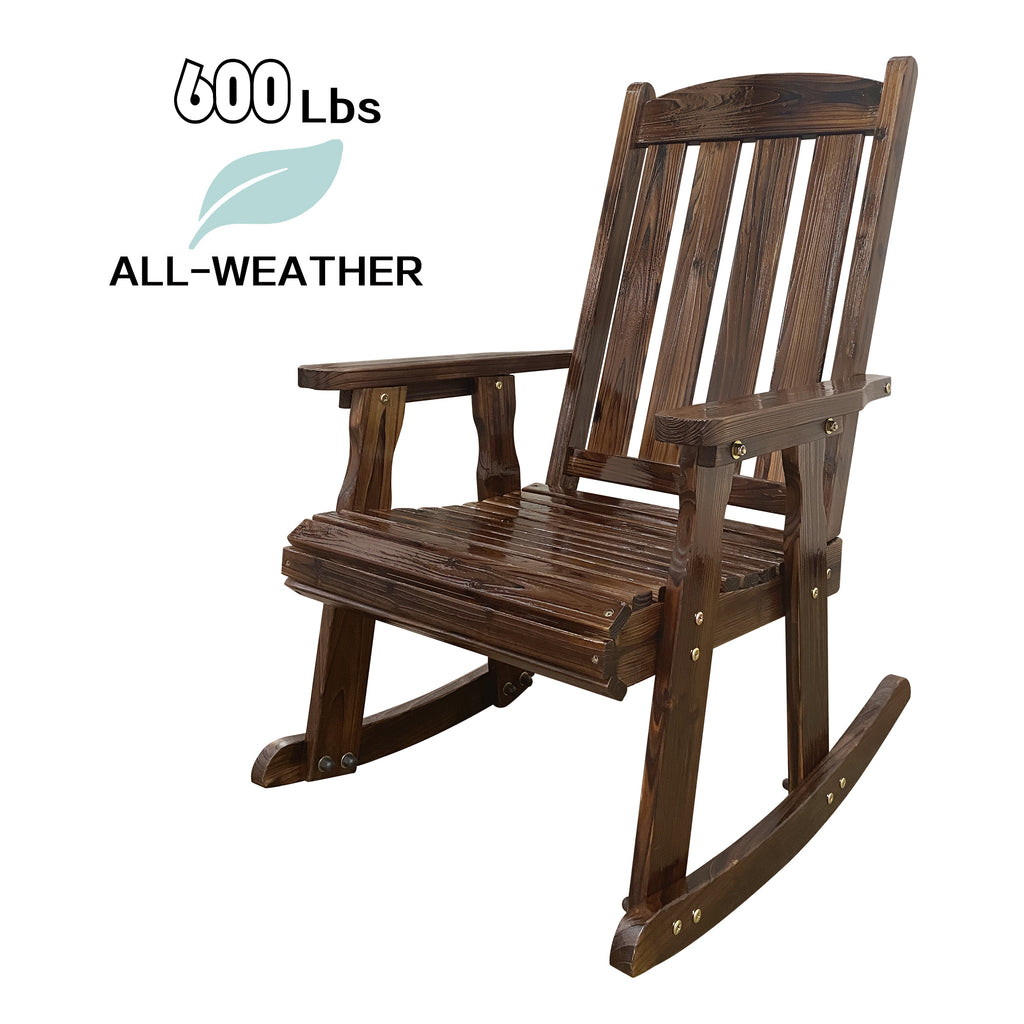 Wooden Patio Rocking Chair with Comfortable Backrest Inclination, High Backrest and Deep Contoured Seat, Solid Fir Wood, Heavy Duty 600 LBS, for Both Outdoor and Indoor (Deep Brown - 2 Pieces)