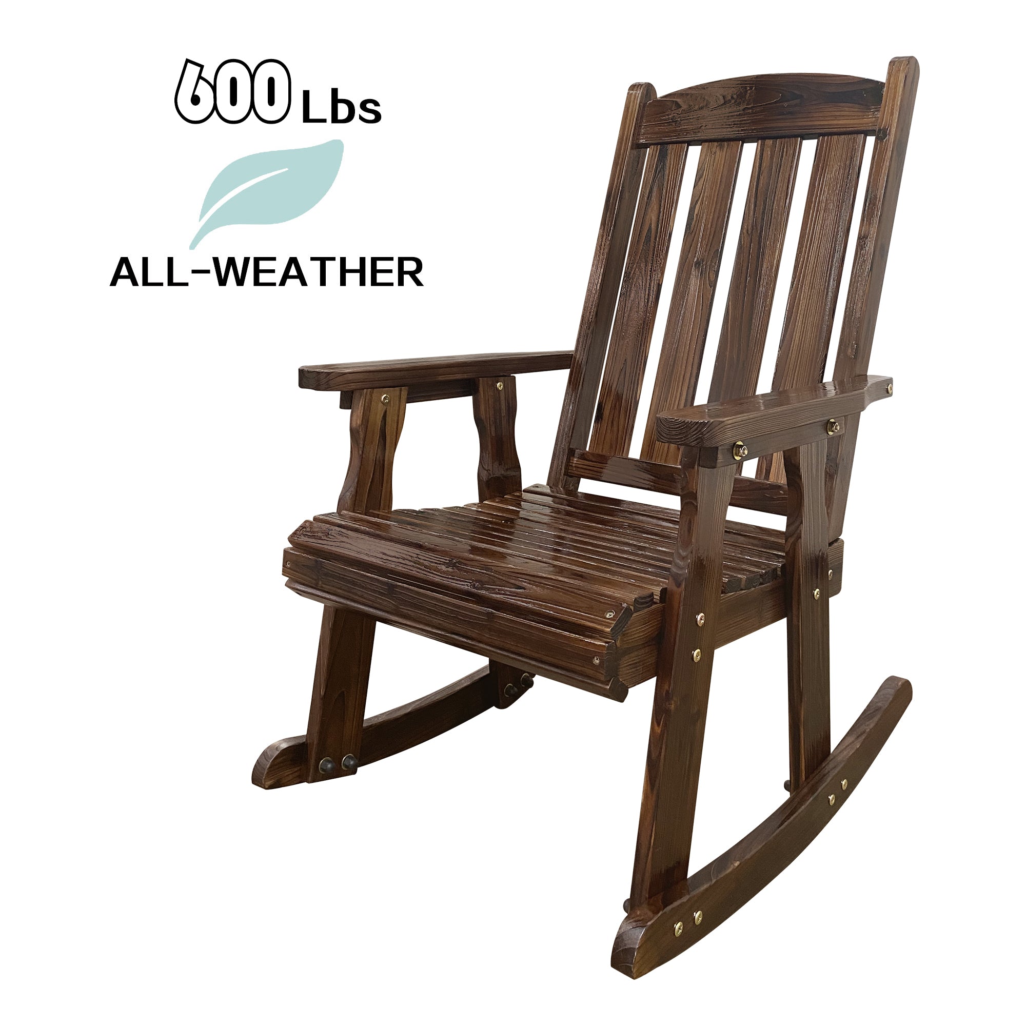 Wooden Patio Rocking Chair with Comfortable Backrest Inclination, High Backrest and Deep Contoured Seat, Solid Fir Wood, Heavy Duty 600 LBS, for Both Outdoor and Indoor (Deep Brown - 2 Pieces)