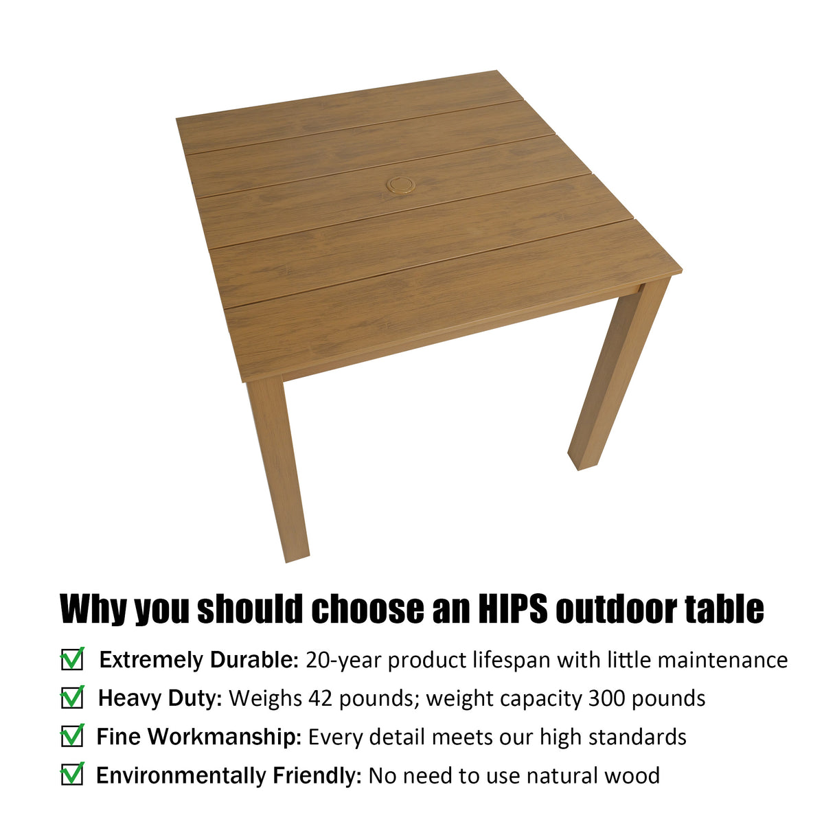Modern HDPE Patio Dining Set, Poly Lumber Table and Chair, with Umbrella Hole, Weather Resistant, for Outdoor, Yard, Lawn (Teak Tone, 5 Piece - 36.2'' Table)