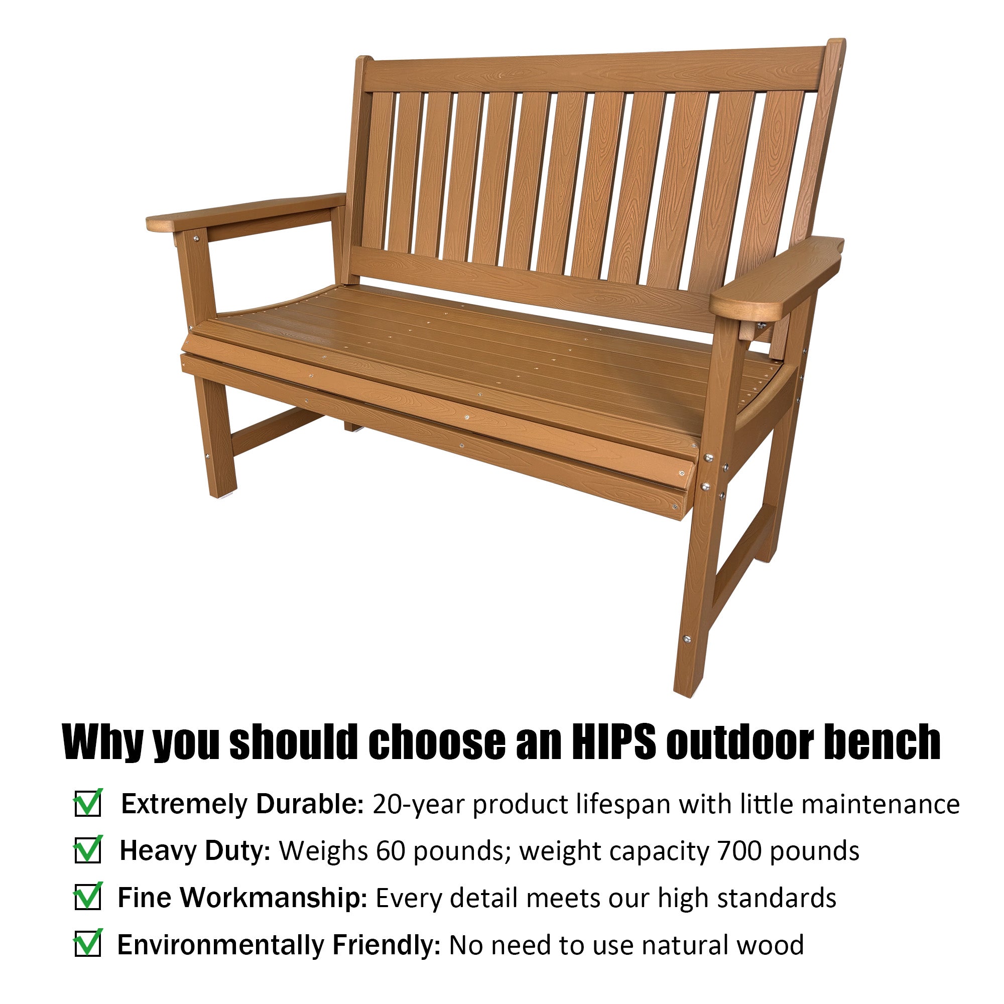 Poly Lumber Outdoor Bench, HIPS All-Weather Bench, Never Rots or Fades, for Patio, Porch, Garden and Park, 700 lbs Weight Capacity (Brown, 44-inch)