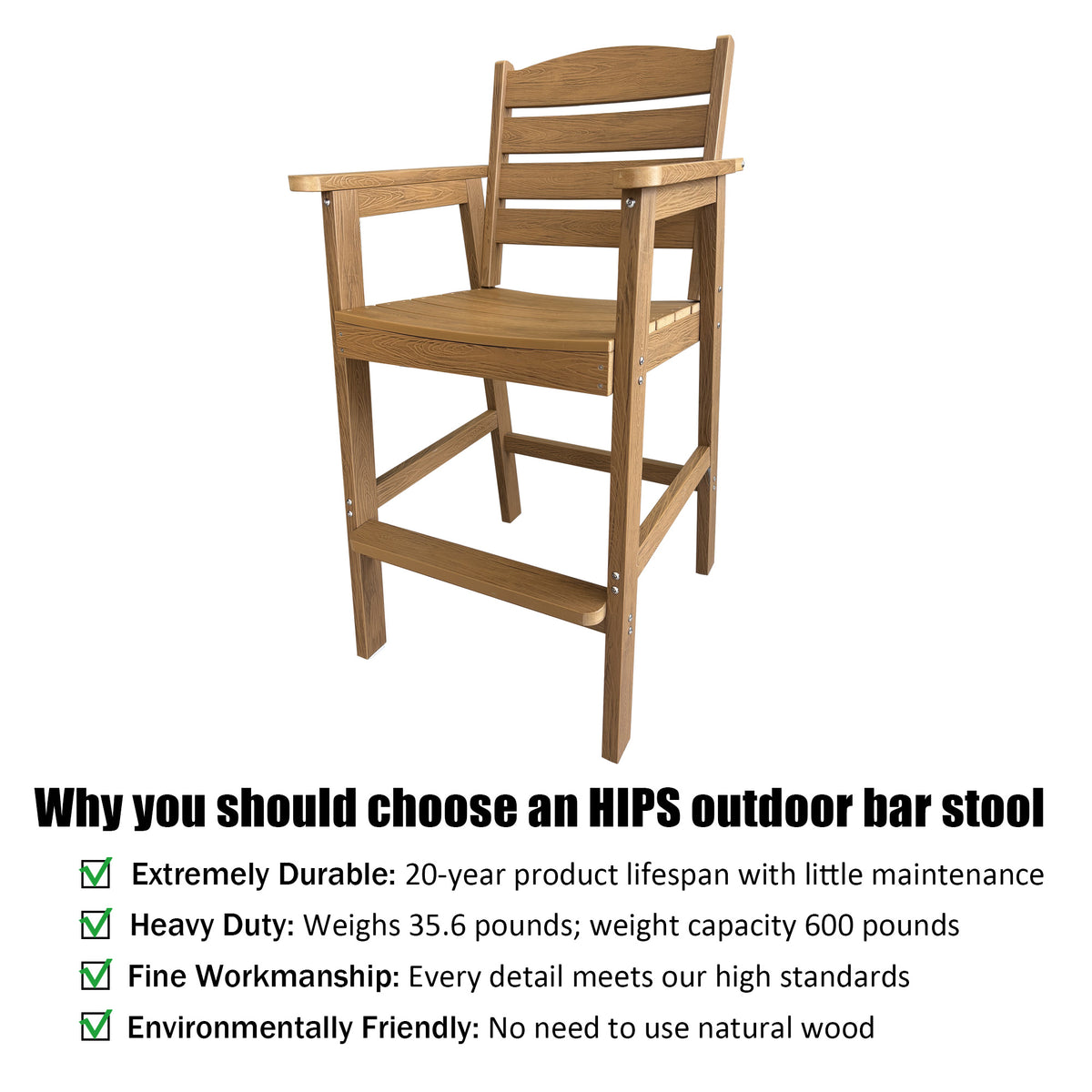 Poly Lumber Patio Bar Set, HIPS Outdoor Bar Stools with Table, Weather Resistant, for Poolside, Garden, Yard, Balcony (Teak Tone, 3 Piece)