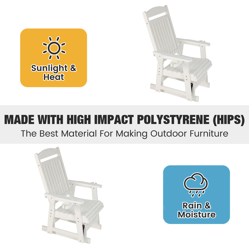 Poly Lumber Patio Glider for One Person, with Cup Holders, High Backrest and Deep Contoured Seat, HIPS Material, All-Weather Resistant, Heavy Duty 700 LBS (Ivory White)