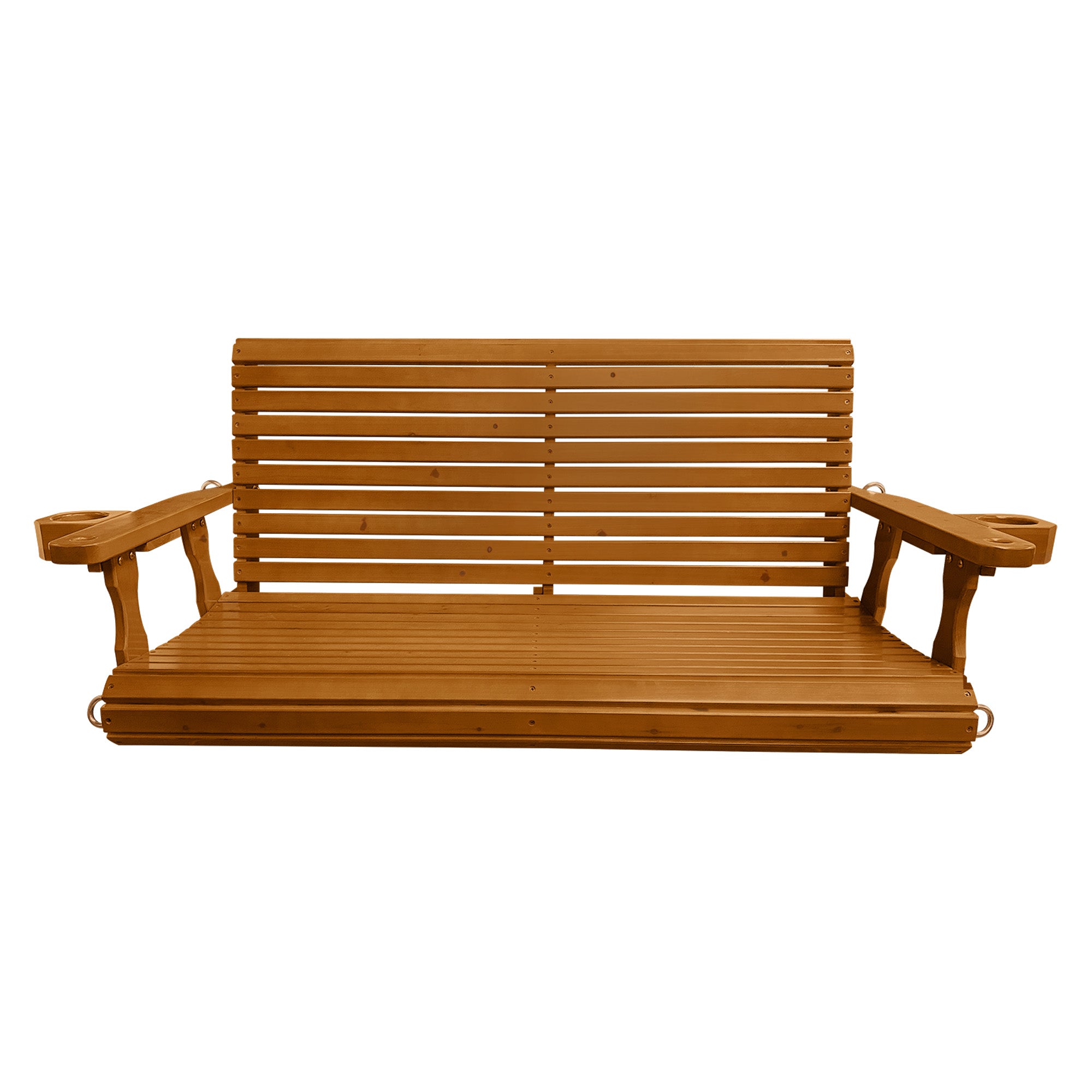 Wooden Porch Swing 2-Seater, High Backrest and Deep Seat, Bench Swing with Cupholders, Hanging Chains and 7mm Springs, Heavy Duty 880 LBS, for Outdoor Patio Garden (Warm Teak Color, 4.5 feet Extra-Large)