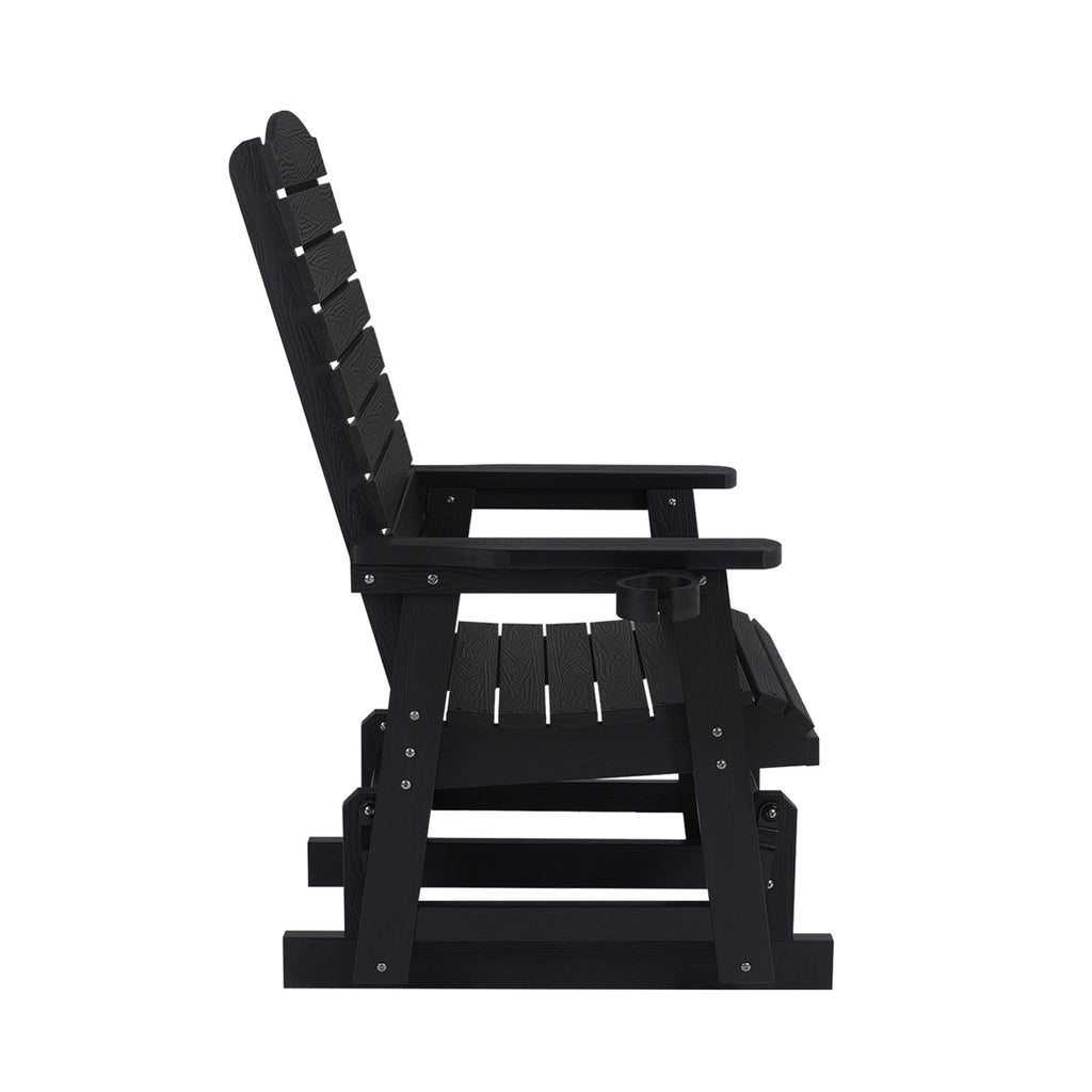 Poly Lumber Patio Glider for One Person, with Cup Holders, High Backrest and Deep Contoured Seat, HIPS Material, All-Weather Resistant, Heavy Duty 700 Pounds (Black)
