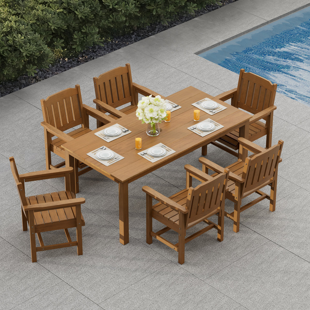Modern HDPE Patio Dining Set, Poly Lumber Table and Chair, with Umbrella Hole, Weather Resistant, for Outdoor, Yard, Lawn (7 Piece,Teak Tone)
