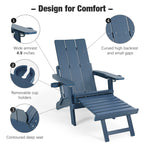 Poly Lumber Adirondack Chair with Cup Holders, Ottoman and Cushion, Adjustable Backrest, All-Weather Resistant HIPS Material, Wood-Like Pattern, Heavy Duty 700 LBS (Navy Blue)