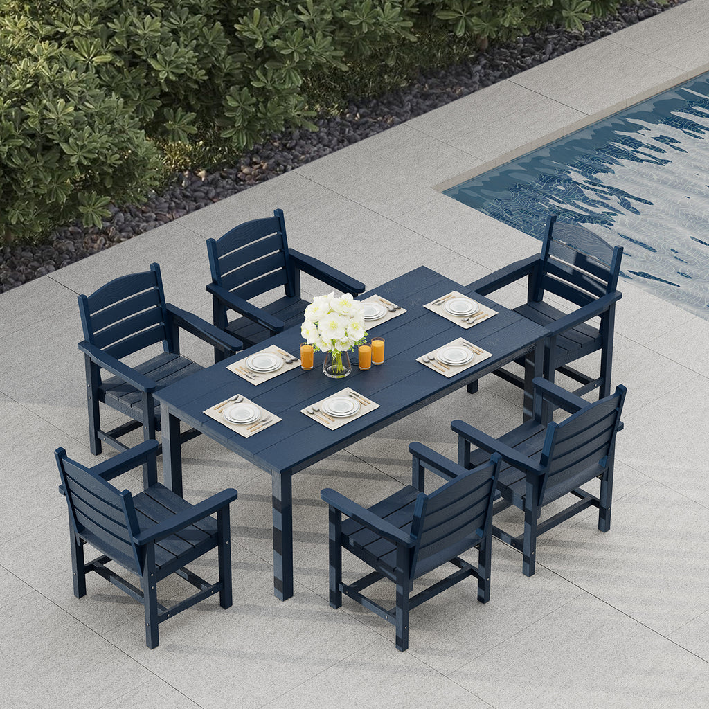 Poly Lumber Patio Dining Set, HIPS Outdoor 70.9-Inches Dining Table and Ladder Back Chairs, with Umbrella Hole, Weather Resistant (Navy Blue, 7 Piece)