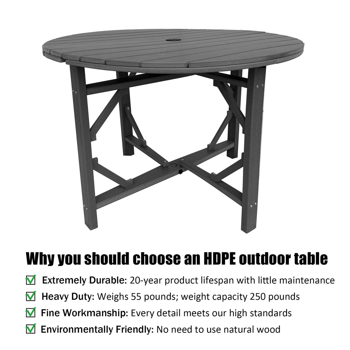 HDPE Patio Round Table 43 " All-Weather Outdoor Dining Table for Garden,Patio,Backyard
