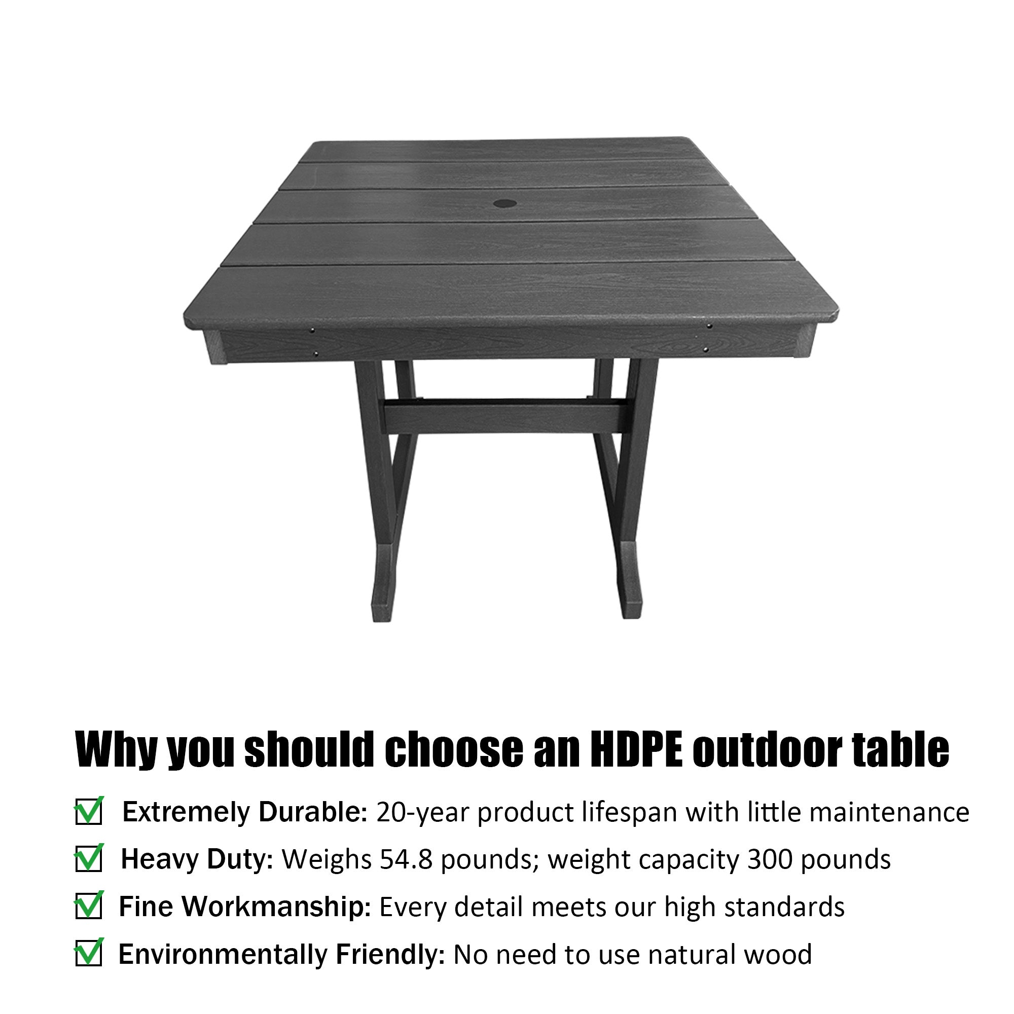 Modern HDPE Patio Dining Table, with Umbrella Hole, Weather Resistant, for Outdoor, Yard, Lawn (Grey, 1 Piece - 35.7'' Table)
