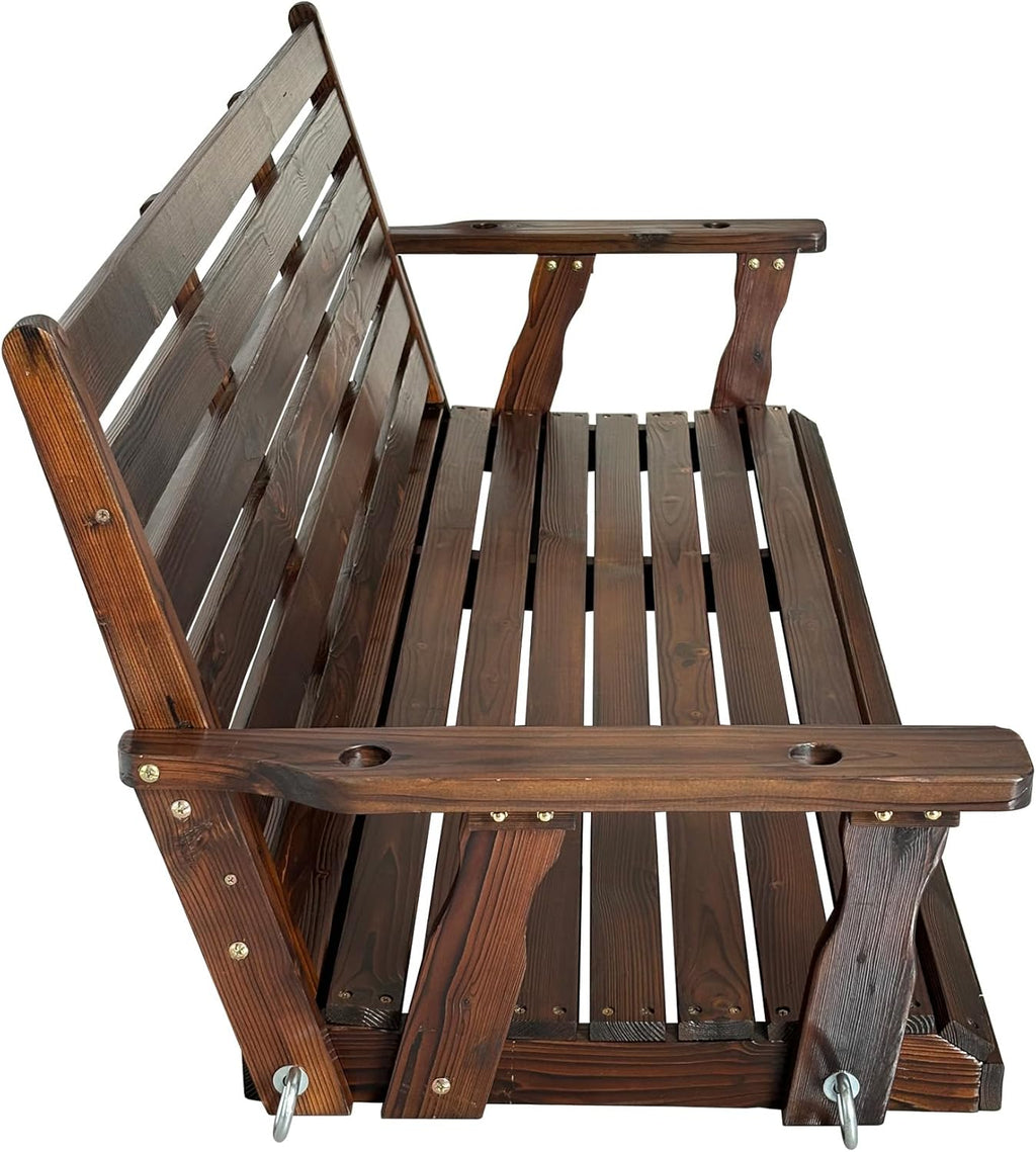 Wooden Porch Swing, Ergonomic Seat, Bench Swing with Hanging Chains and 7mm Springs, Heavy Duty 880 LBS, for Outdoor Patio Garden Yard (Deep Brown, 3-Seater Extra Large)