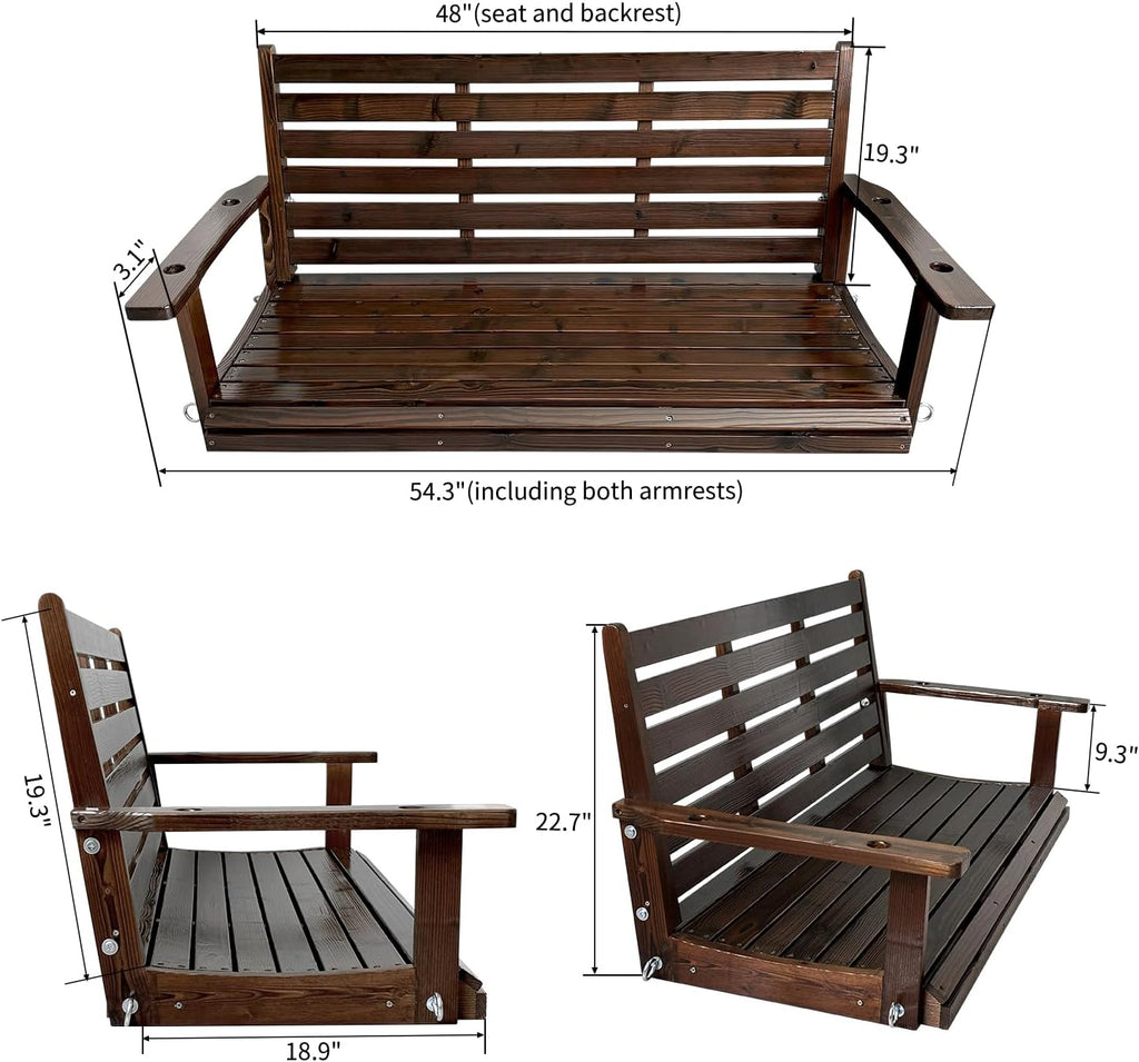 Wooden Porch Swing, Ergonomic Seat, Bench Swing with Hanging Chains and 7mm Springs, Heavy Duty 800 LBS, for Outdoor Patio Garden Yard (Deep Brown, 2-Seater Extra Large)
