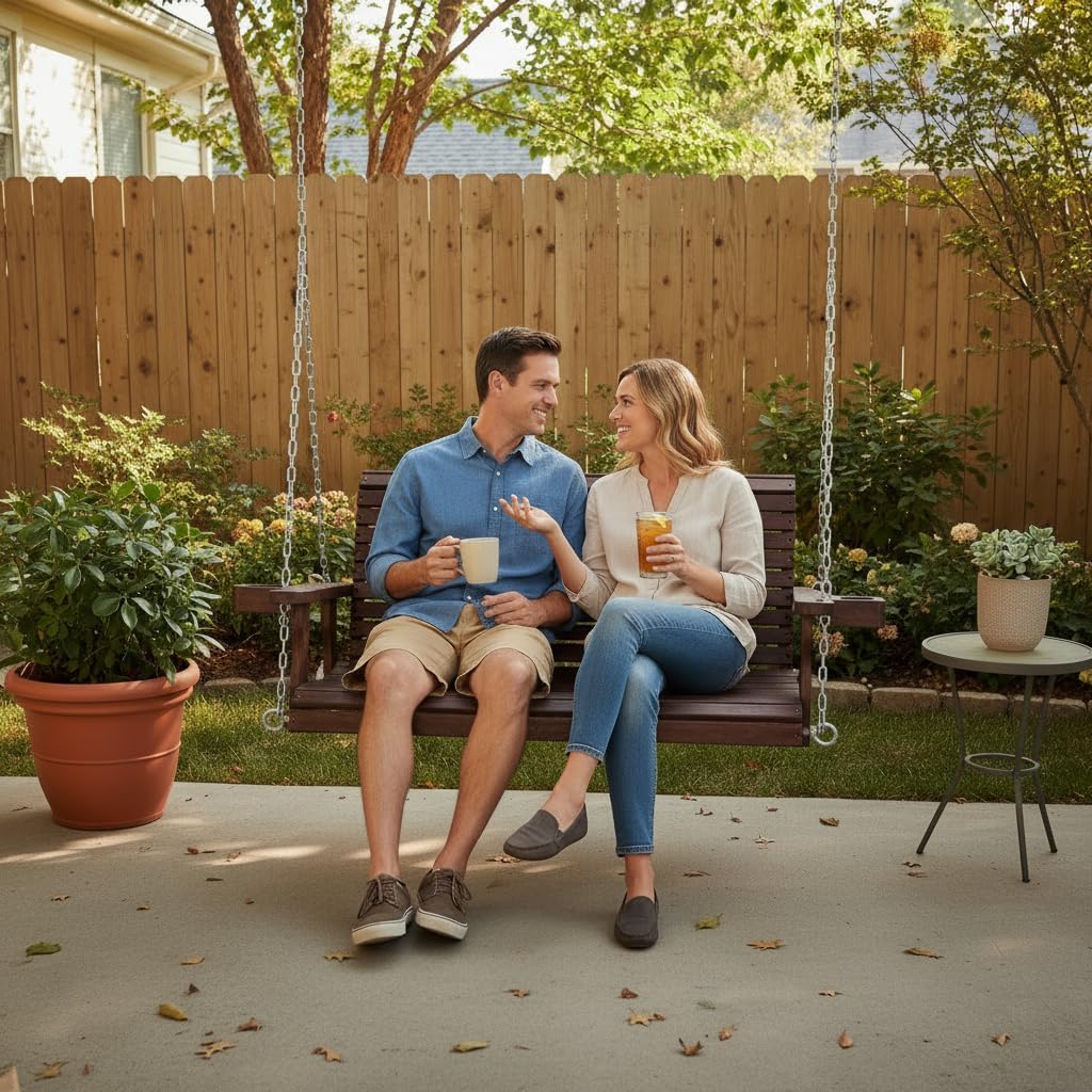 Wooden Porch Swing 2-Seater, High Backrest and Deep Seat, Bench Swing with Cupholders, Hanging Chains and 7mm Springs, Heavy Duty 880 LBS, for Outdoor Patio Garden (Deep Brown, 4 FT Extra Large)